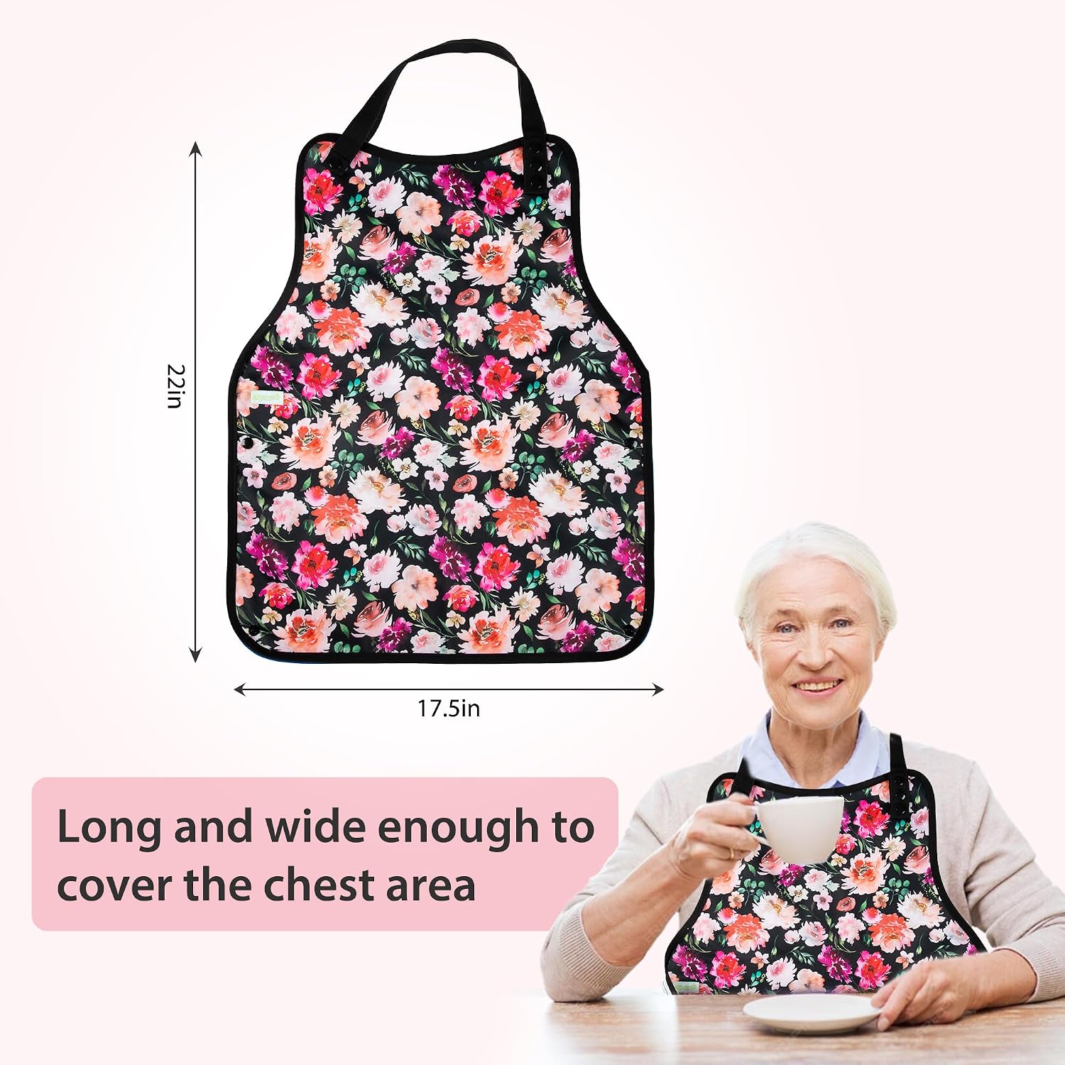 wegreeco Seniors Adult Bibs for Women Men Eating, Clothing Protectors for Adults Elderly, Washable Adult Dining Feeding Bibs with Crumb Catcher (Pink Flower, 2 Pack)