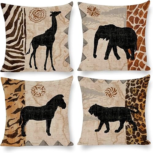 BBKD Juego de 4 fundas de almohada decorativas de animales africanos para exteriores, 16 x 16 pulgadas, patrón de cebra y patrón de leopardo, cojín