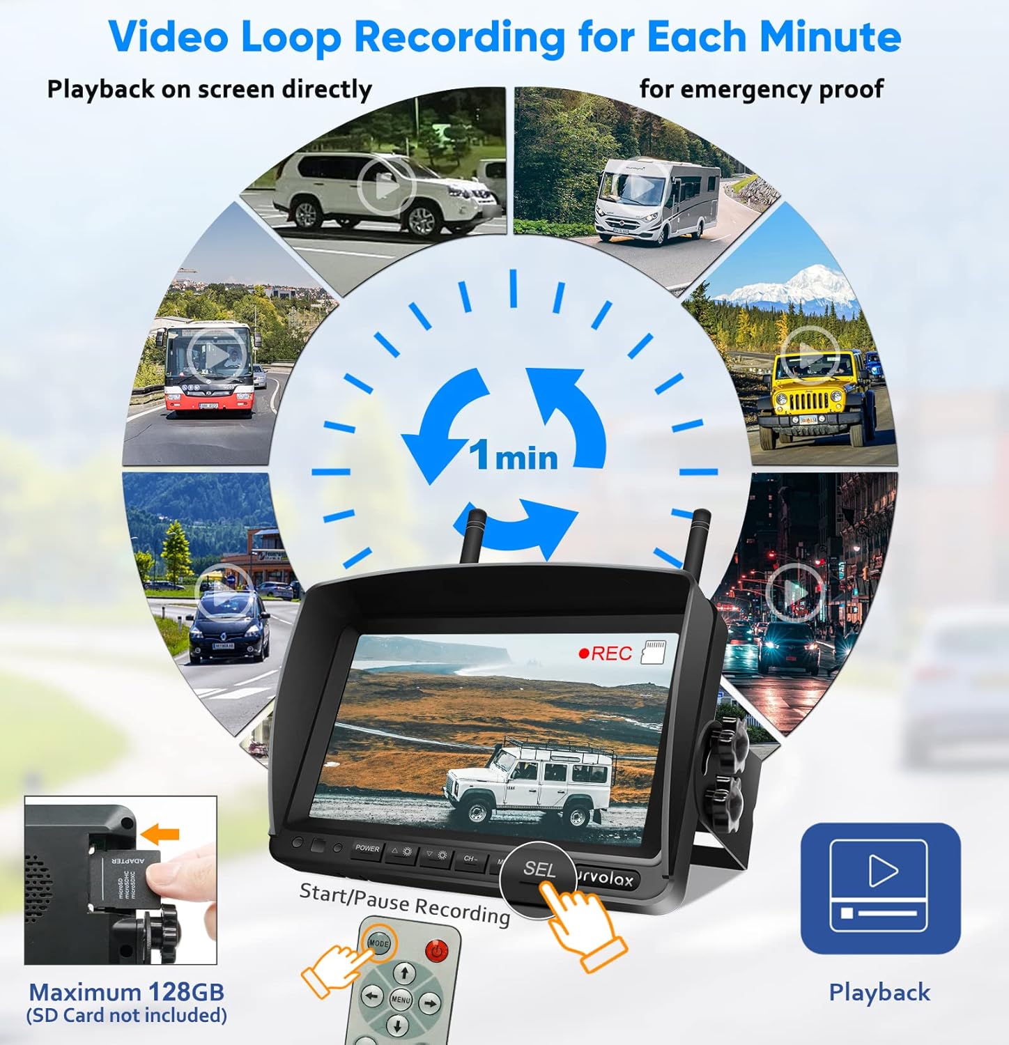 URVOLAX Telecamera Retromarcia Wireless al 100%, 65X Telecamera Magnetica con Batteria Ricaricabile da 6700mAh, Installazione fai-da-te, Monitor FHD da 7 pollici Registrazione Video Camper Camion Auto - Immagine 5