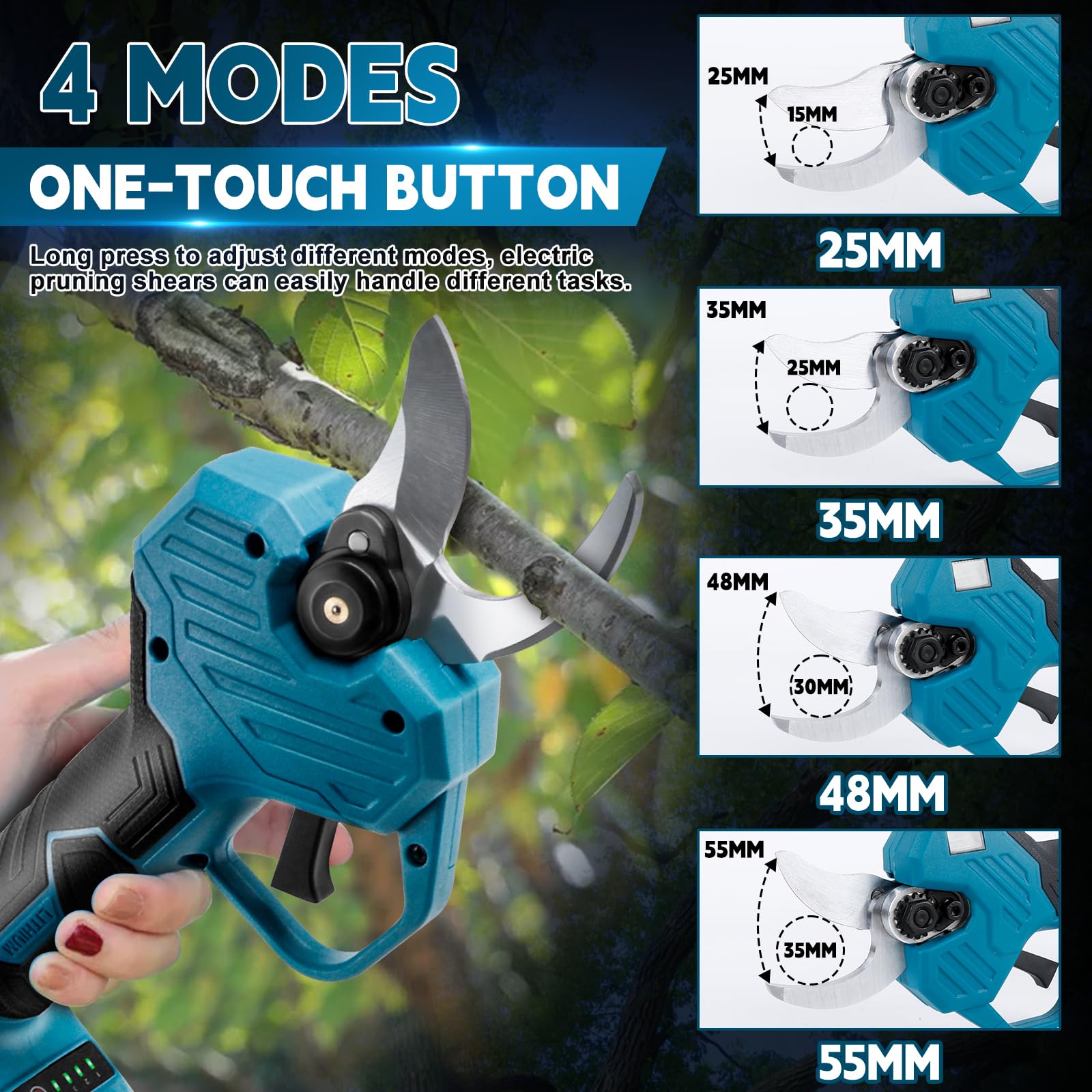 Nożyce do gałęzi z drążkiem przedłużającym 8 ft + 2 x bateria 2000 mAh, maks. otwór 57 mm, średnica cięcia 40 mm, wyświetlacz LCD, elektryczne nożyce ogrodowe do gałęzi, kwiatów