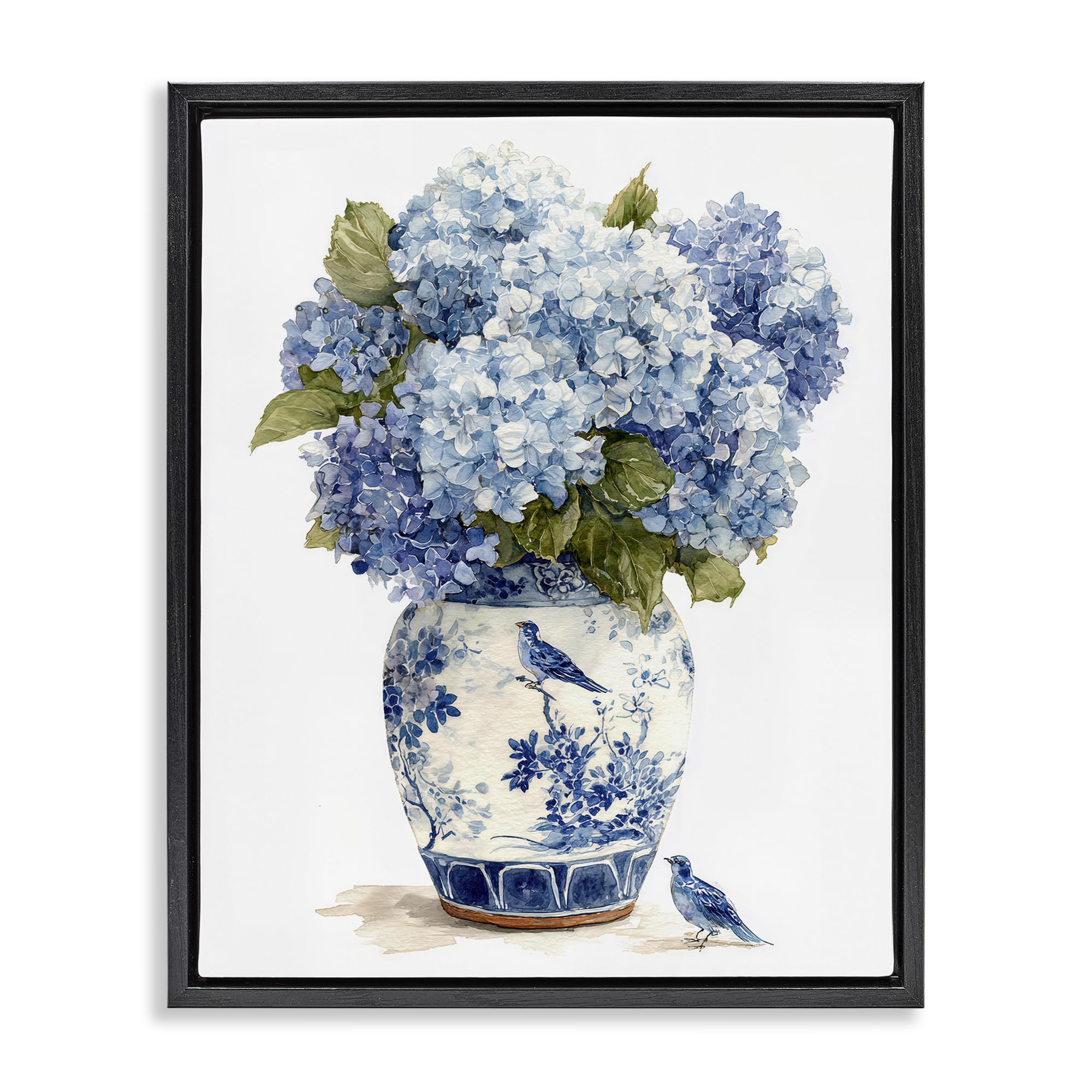 Stupell Industries Jet Black (Matte) 'Blue Bird & Hydrangea Vase'| Floating Frame Canvas Art