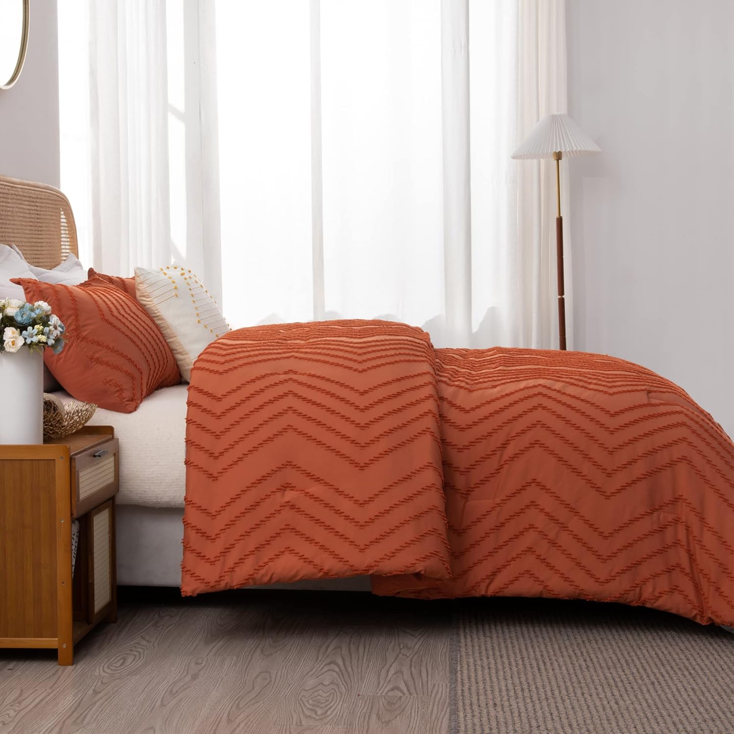 Litanika Burnt Orange Comforter Oversized King Size Set, 3 Pieces Terracotta Chevron Tufted Solid Bedding Comforter Sets, Fluffy Bed Set - Image 5