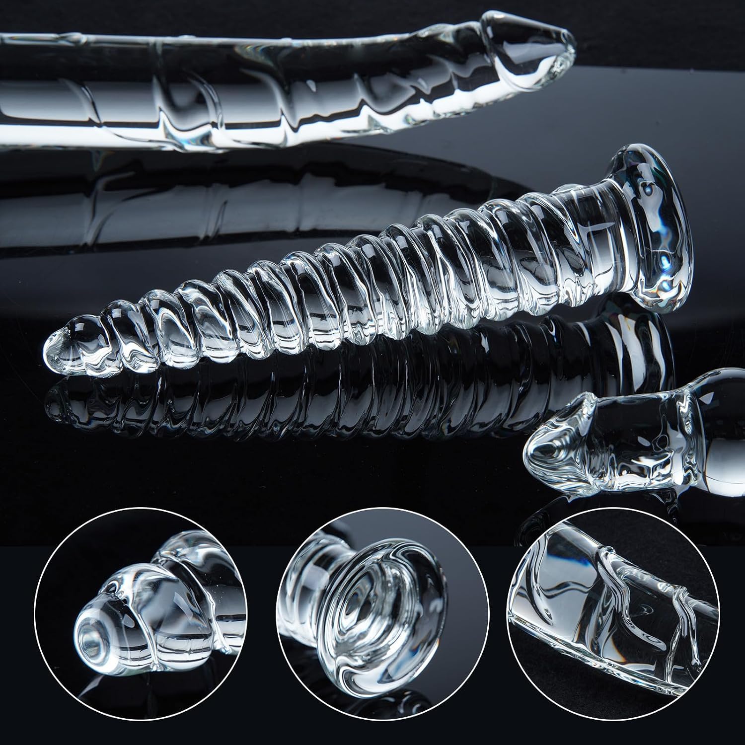 Silicone Suction Cup Big Glass Dildo Training Set, 3 Styles: Realistic Clear Dildos, Anal Beads Dildo & Ribbed Butt Plug for G-Spot & Vaginal Anal Temperature Play,Adult Toy for Men, Women & Couples