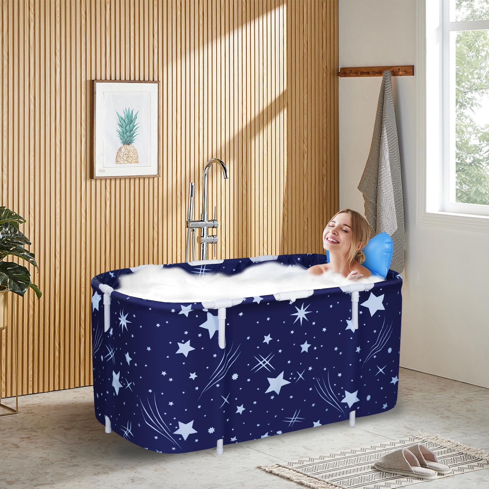 Przenośna wanna 125 x 55 x 54 cm, składana wanna dla dorosłych, dla dużych rodzin, do SPA, z 2 otworami odpływowymi, wanna studencka z pogrubioną rurą 2.0