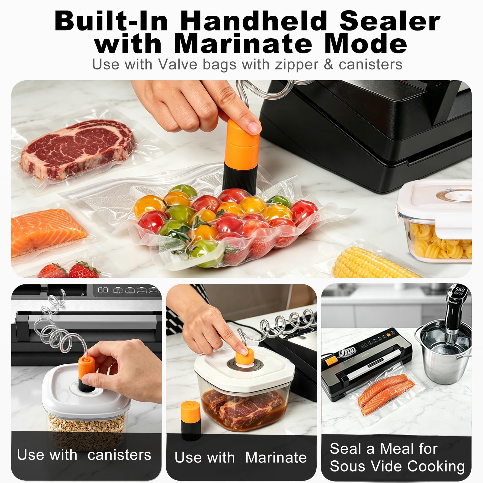 Sellador al aspiradora para alimentos con potente bomba de succión, doble sellado térmico, modos secos y húmedos, manguera externa para bolsas de válvula, recipientes y recipientes, cortador integrado