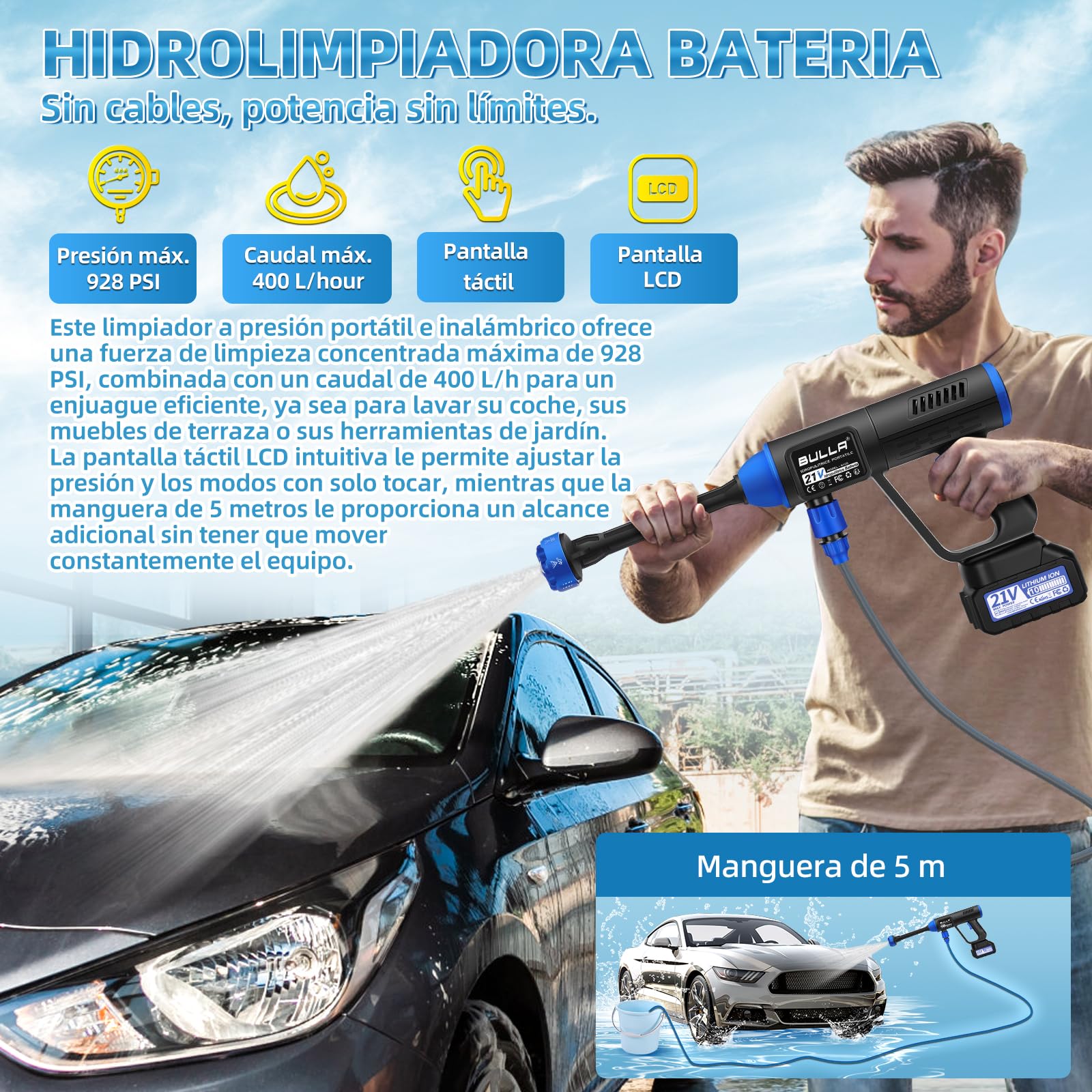 Hidrolimpiadora Bateria, hidrolimpiadora portatil con Pantalla Táctil y Control de Presión, Pistola de Agua a Presión Press & Clean con 2 Baterías de 4,0 Ah para Coches, Suelos y Jardines