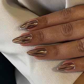 Light Bronze Chrome Press on Nails Medium Almond Nails Press ons Metallic Glue on,Acrylic Fake Nails for Women,Thick Shinny False Glue on Nail Medium Length Stiletto 24Pcs