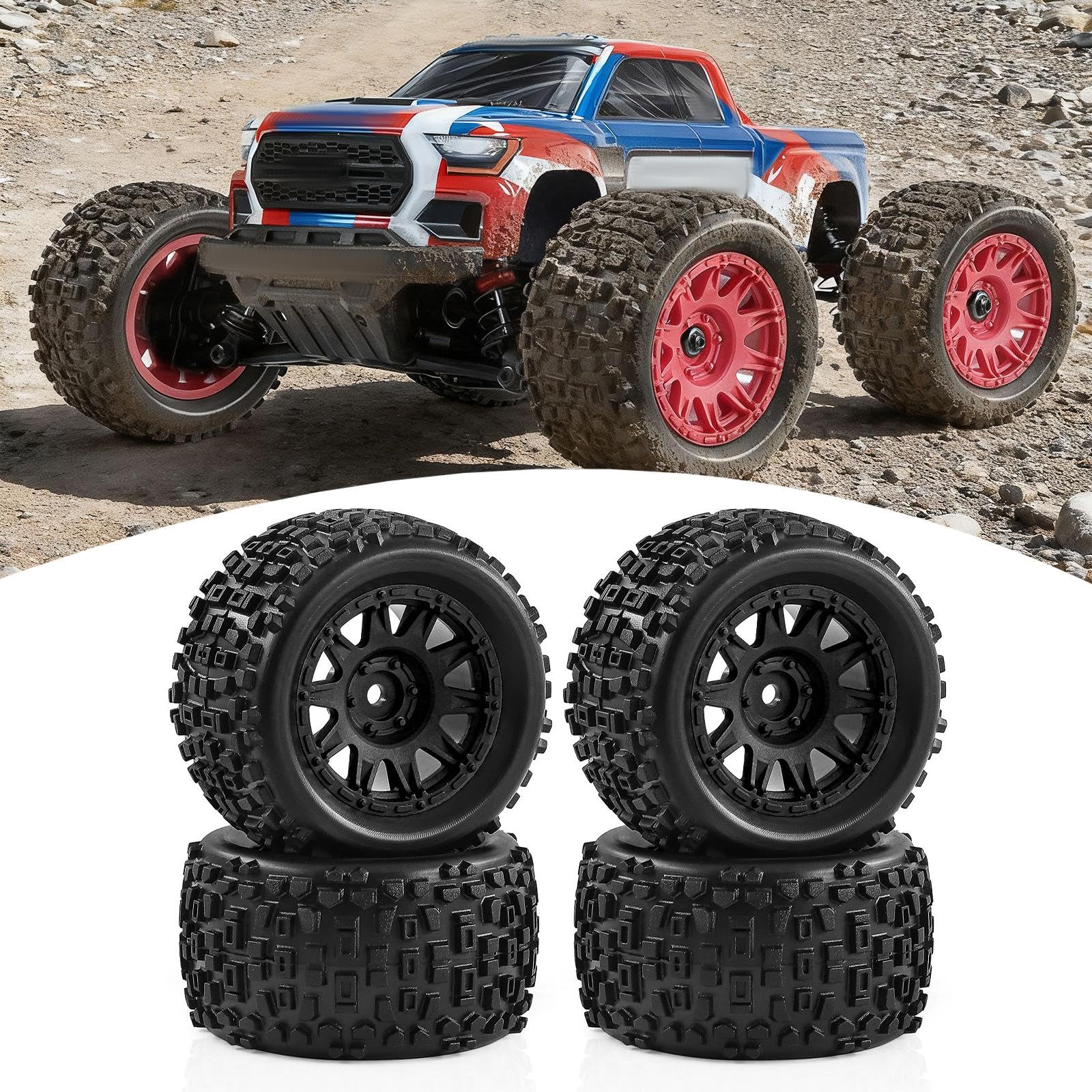 4 Stück 1/18 RC-Car-Räder und -Reifen, Ersatz für tragbare, leistungsstarke und zu installierende RC-Car-Teile, Zubehör für Granite, Schwarz