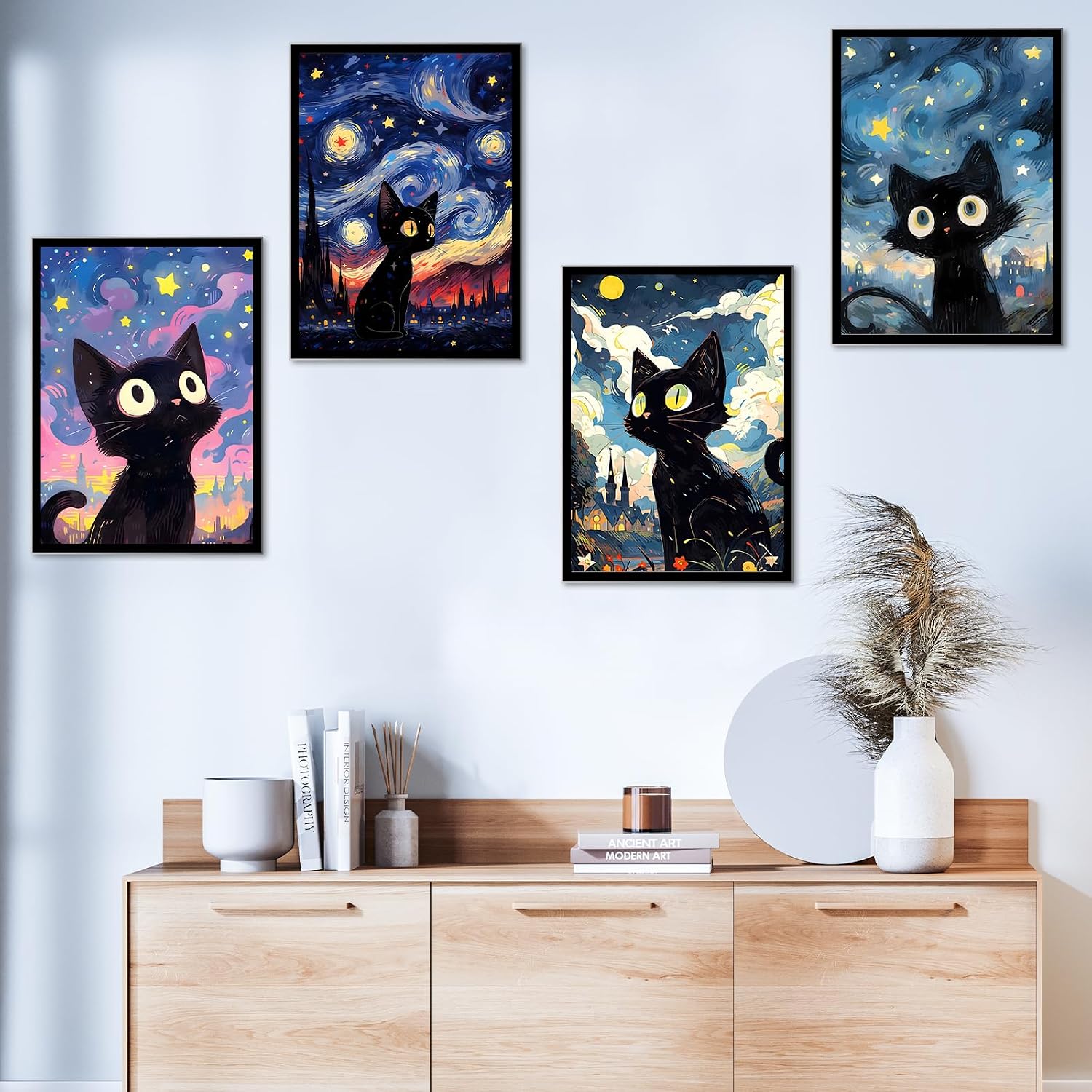 HEIBAGO 4 Pack 5D Black Cat Diamond Painting Kits for Adults - Starry Night Cat Diamond Art for Adults Beginner, Full Drill DIY Cute Cat Gem Art Picture, Gem Dot Crafts for Home Wall Decor 12x16inch image 5