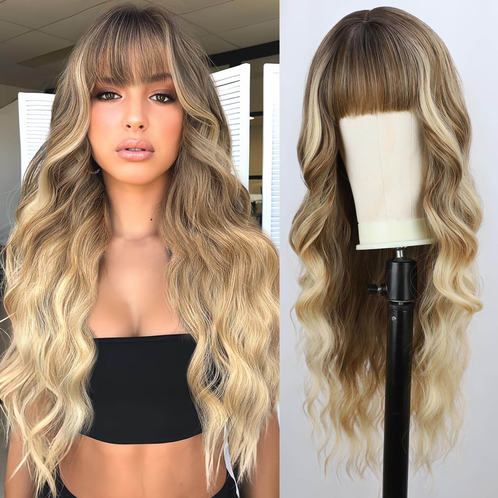 Peluca rubia ombré con flequillo, peluca larga rubia para mujer, 26 pulgadas, pelucas de fibra sintética resistente al calor para fiestas diarias