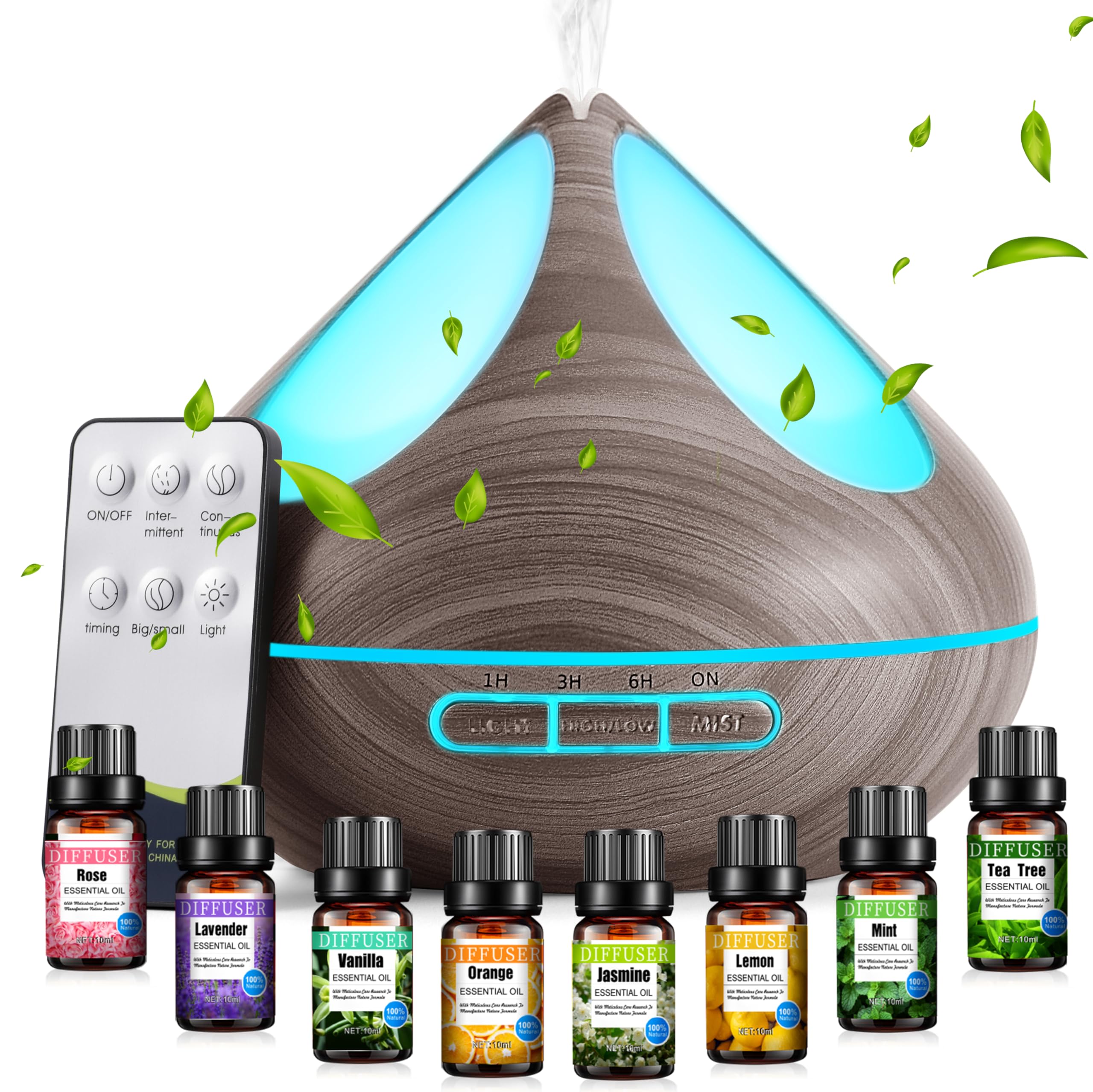 Oil Diffusers 500ML with 8 Essential Oils Set, Aromatherapy Diffusers Air Freshener,Essential Oil Diffuser with Remote Control, 4 Timer and Waterless Auto-Off Cool Mist Diffusers for Home,Gray