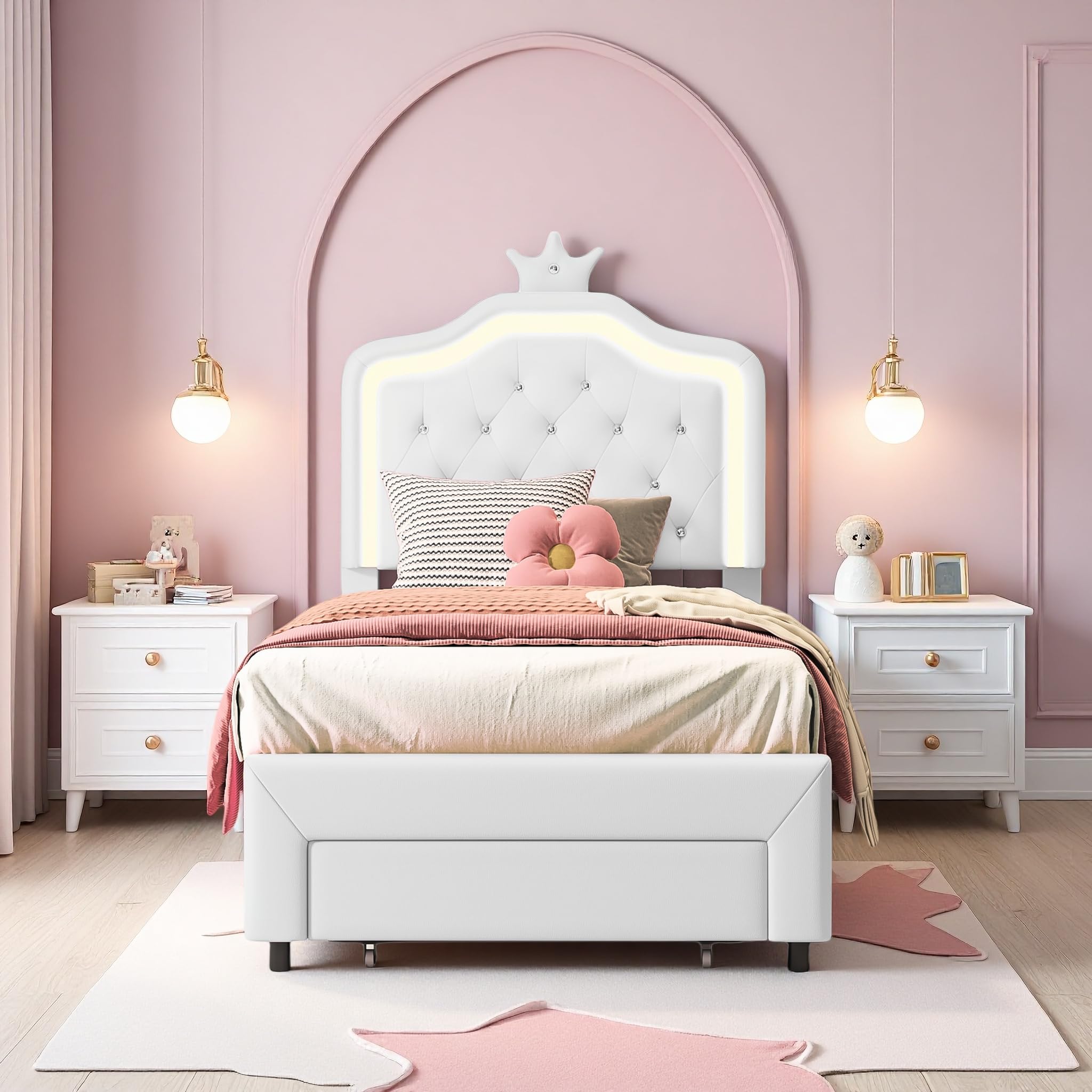 Cama Infantil 90x200 cm, Cama de Princesa con cabecero LED Corona, Camas Individuales Acolchadas con Somier de Láminas, Estructura de Cama para Niña con cajón, Camas de 1 Plaza para Niña