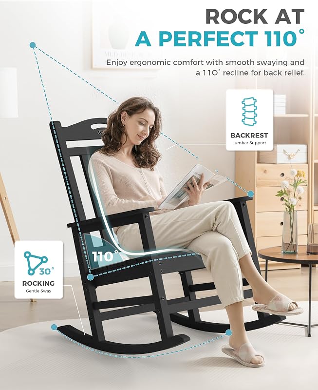 Ciokea Oversized Outdoor Rocking Chair, 380lbs Heavy-Duty Large Patio Rocker, Weather Resistant & Anti-Fade Porch Chair, High Back Cozy Rocking Chair for Outside, Fire Pit, Deck, Garden, Black image 5