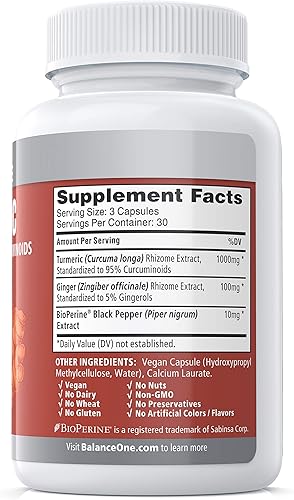 Miniatura 9 de Balance ONE Extracto de cúrcuma de 1000 mg con fuerza máxima 95% curcuminoides – Suplemento de curcumina de cúrcuma para comodidad articular y apoyo