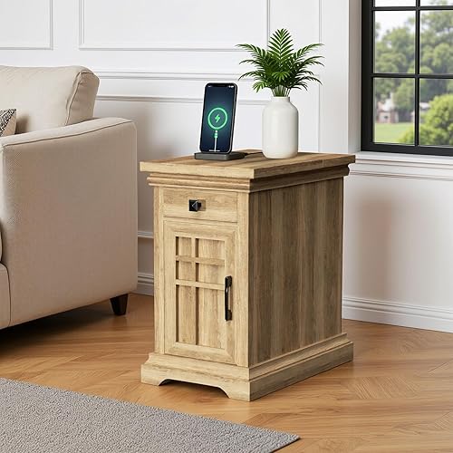 Miniatura 2 de Mesa auxiliar con estación de carga, mesita de noche de madera rústica con puertos USB y tomacorrientes, cajón de almacenamiento y gabinete, mesas