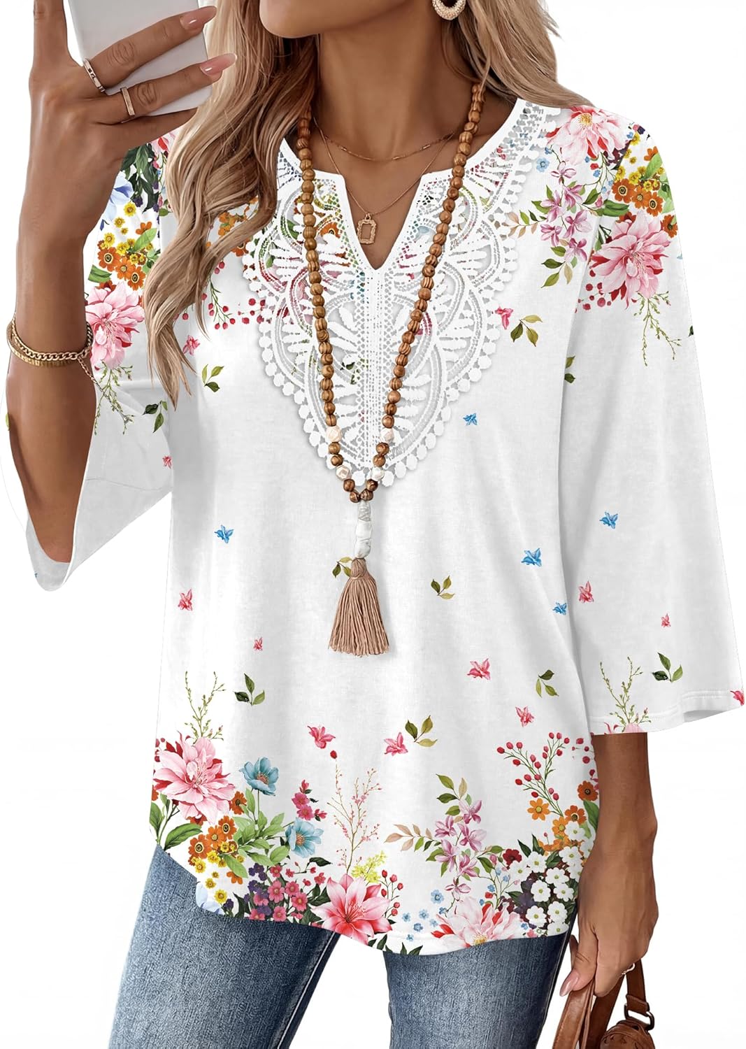 Ivicoer 3/4 Length Sleeve Womens Tops Boho V Neck Lace Shirt Vacation Clothes Trendy Blouses Dressy Casual