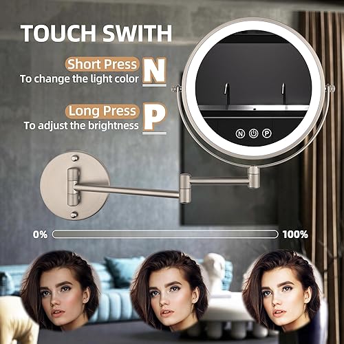 Miniatura 3 de Espejo de maquillaje iluminado de pared de 9 pulgadas con aumento, espejo de aumento 1X10X con luz, LED de 3 colores regulables de 2000 mAh