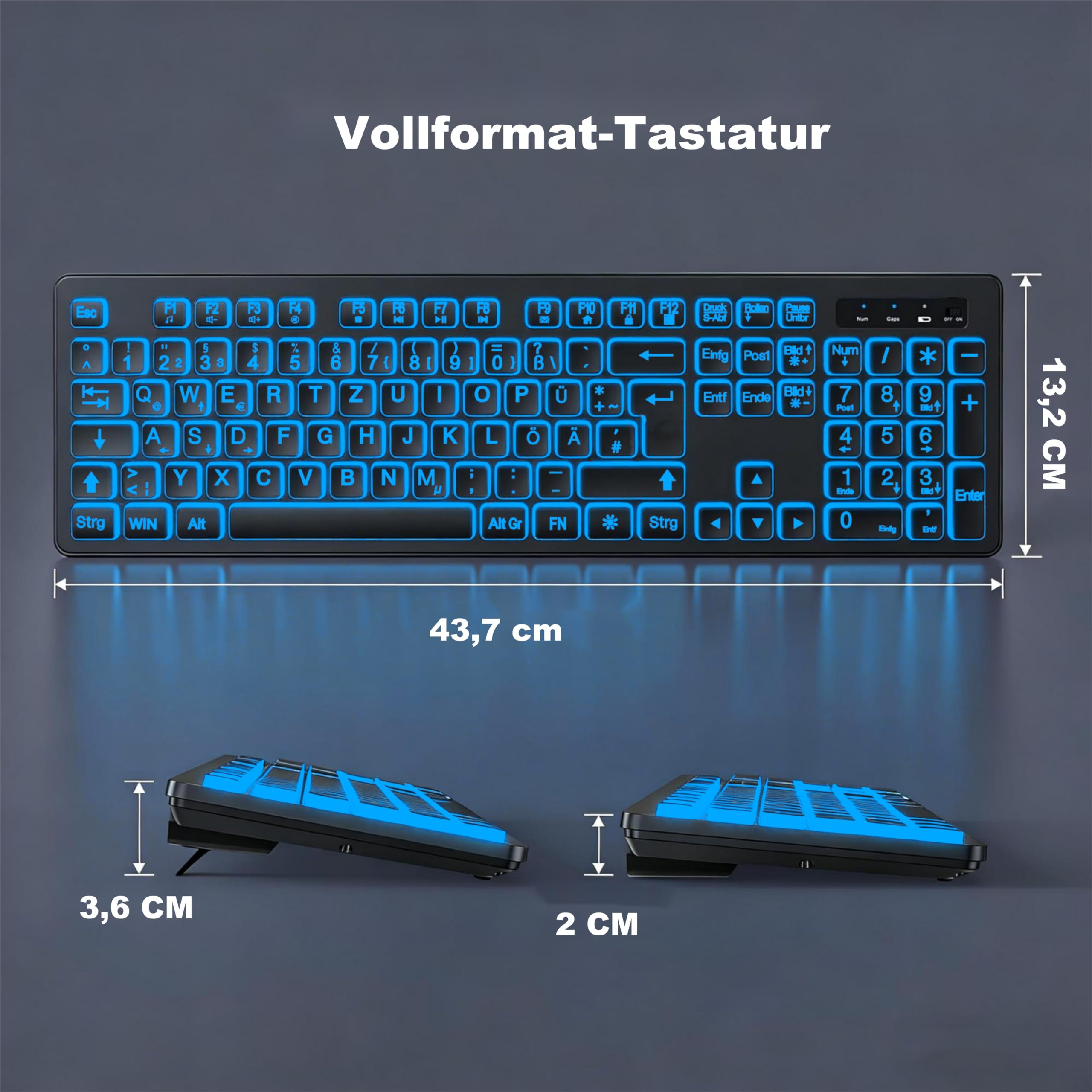 Tastatur-Maus-Set kabellos, QWERTZ, große Schrift, 7 Lichtfarben
