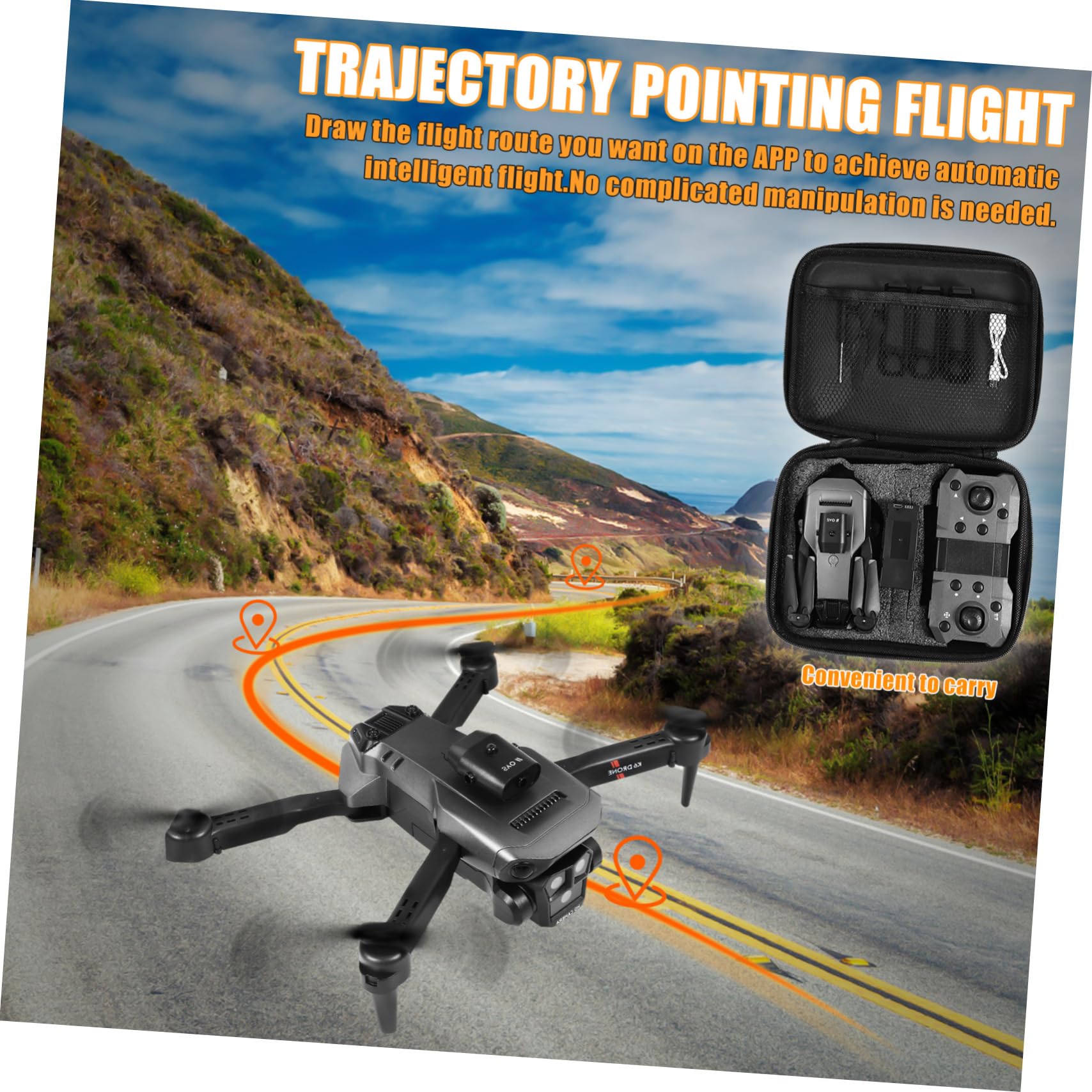 Mini Drone Pieghevole con Camera, Tripla Hd, Lente Elettrica 150° | Doppie Batterie 1800mah 3, 7v, Controllo Via App e Funzione Hold, Corpo Abs Nero