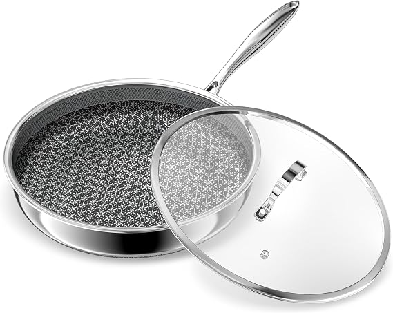 KURRUNGIE Hybrid Non Stick Frying Pans, 12-inch Stainless Steel Frying Pans with Tempered Glass Lid, 5 Ply Induction Cookware, Dishwasher-Friendly, Oven-Safe Up to 800°F, Compatible with All Cooktops
