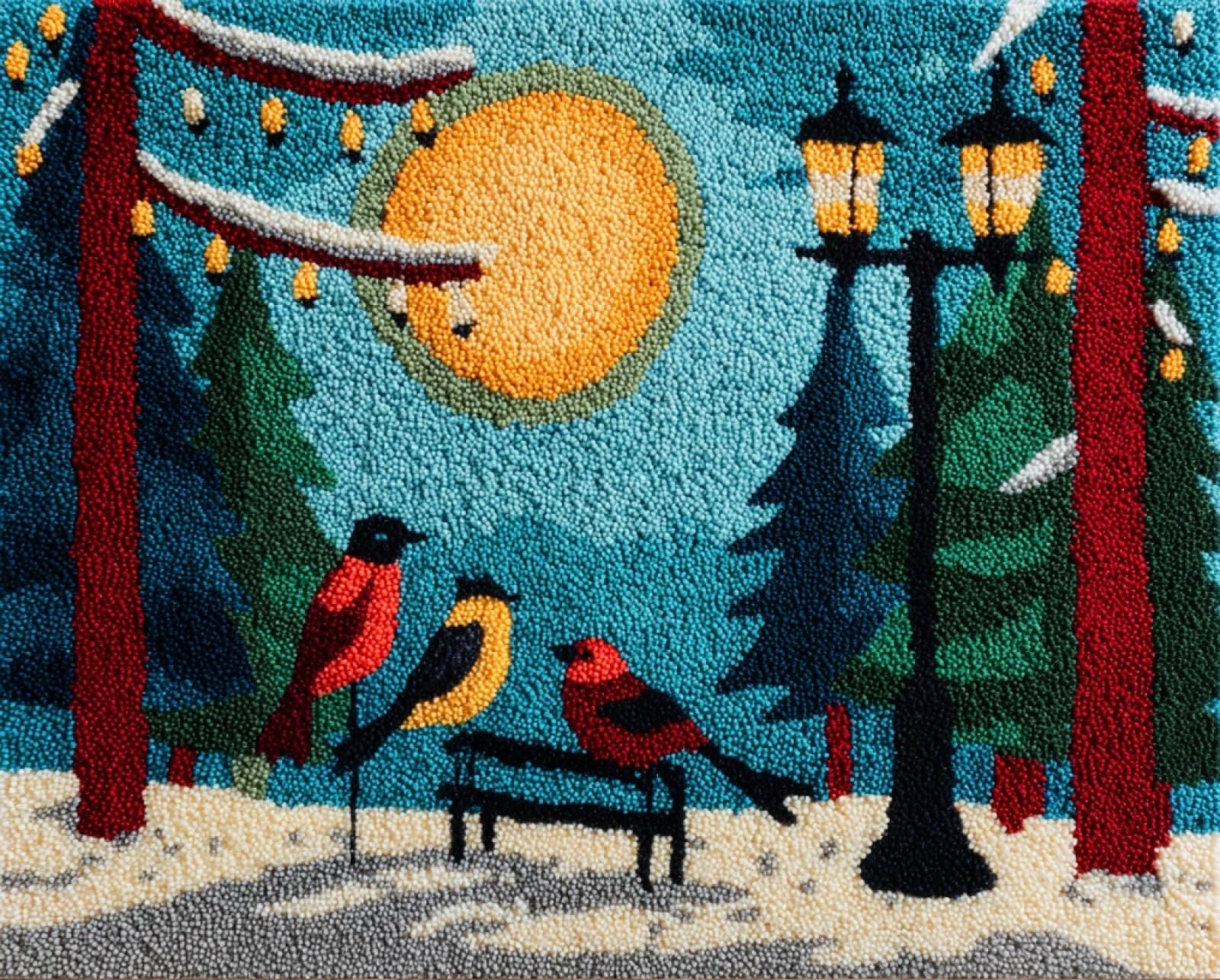 Wallphantom Knüpfteppich Zum Selber knüpfen,Vögel unter weihnachtlichen Straßenlaternen,Knüpfsets Latch Hook Kit Selbst Knüpfen Set für Kinder und Erwachsene,Farbmuster vorbedruckt,80x160cm