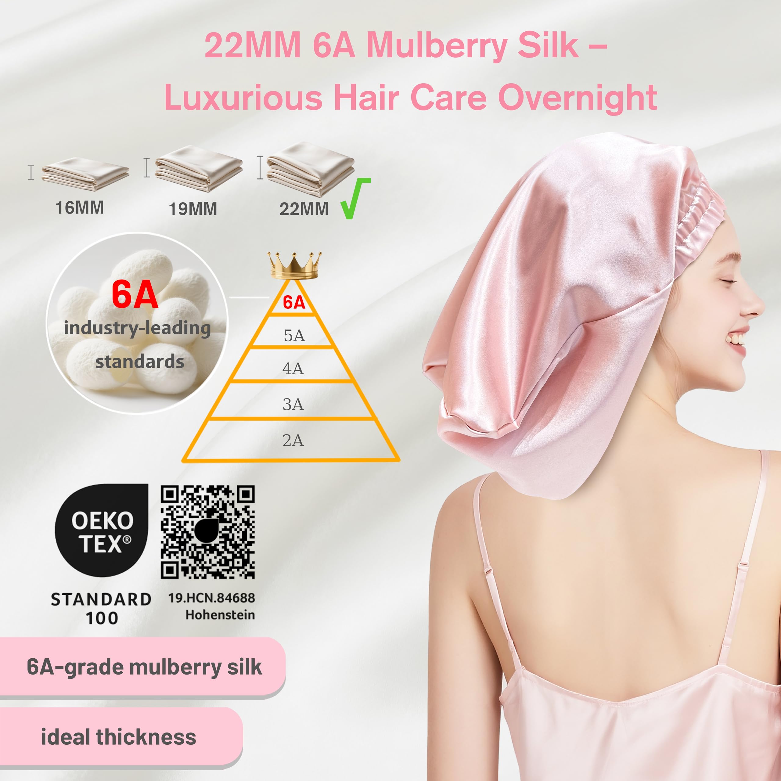 townssilk Seidenhaube zum Schlafen, 100% 22 Momme Maulbeerseide, für Damen, luxuriös, atmungsaktiv, sitzt sicher über Nacht & druckfrei, ideal für kurzes & mittellanges Haare – DustyPink 32cm