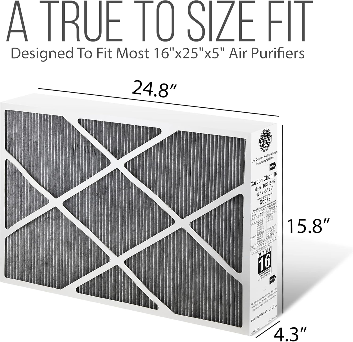 Lennox 16x25x5 Furnace Filter, X6672 Filter Replacement, Merv 16 Carbon Clean with Homequip Disposal Bag 2-Pack (Actual Size: 15.8 x 24.8 x 4.3 Inches)