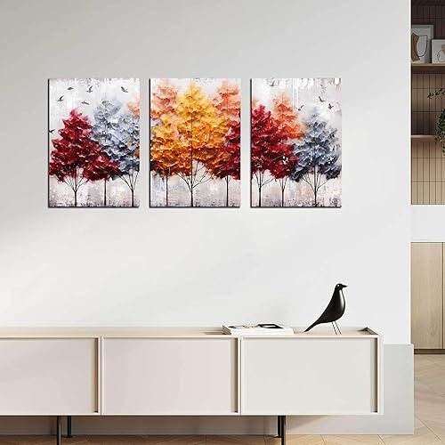 Miniatura 6 de CANEITO Arte de pared de árbol para sala de estar, lienzo de bosque dorado rojo y gris, decoración de pared para dormitorio, imágenes naturales para