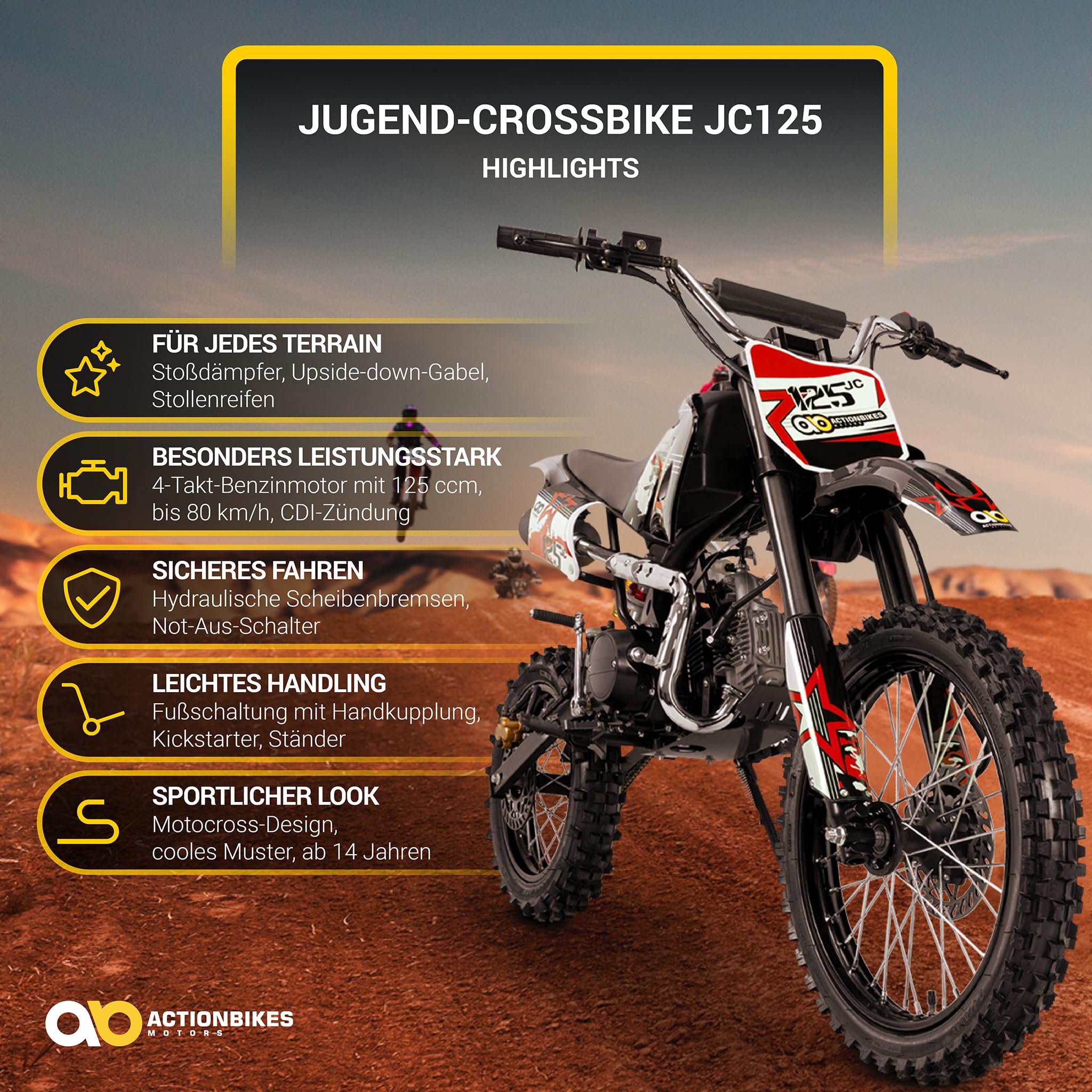 Actionbikes Motors Crossbike JC125 | 4-Takt 125ccm Benzinmotor (Schwarz) | Bis 𝟖𝟎 km/h | Motorrad | Pocket Bike | Dirt Bike | Motocross | Pocketbike | Motorsport | Dirtbike | Enduro ab 14 Jahren
