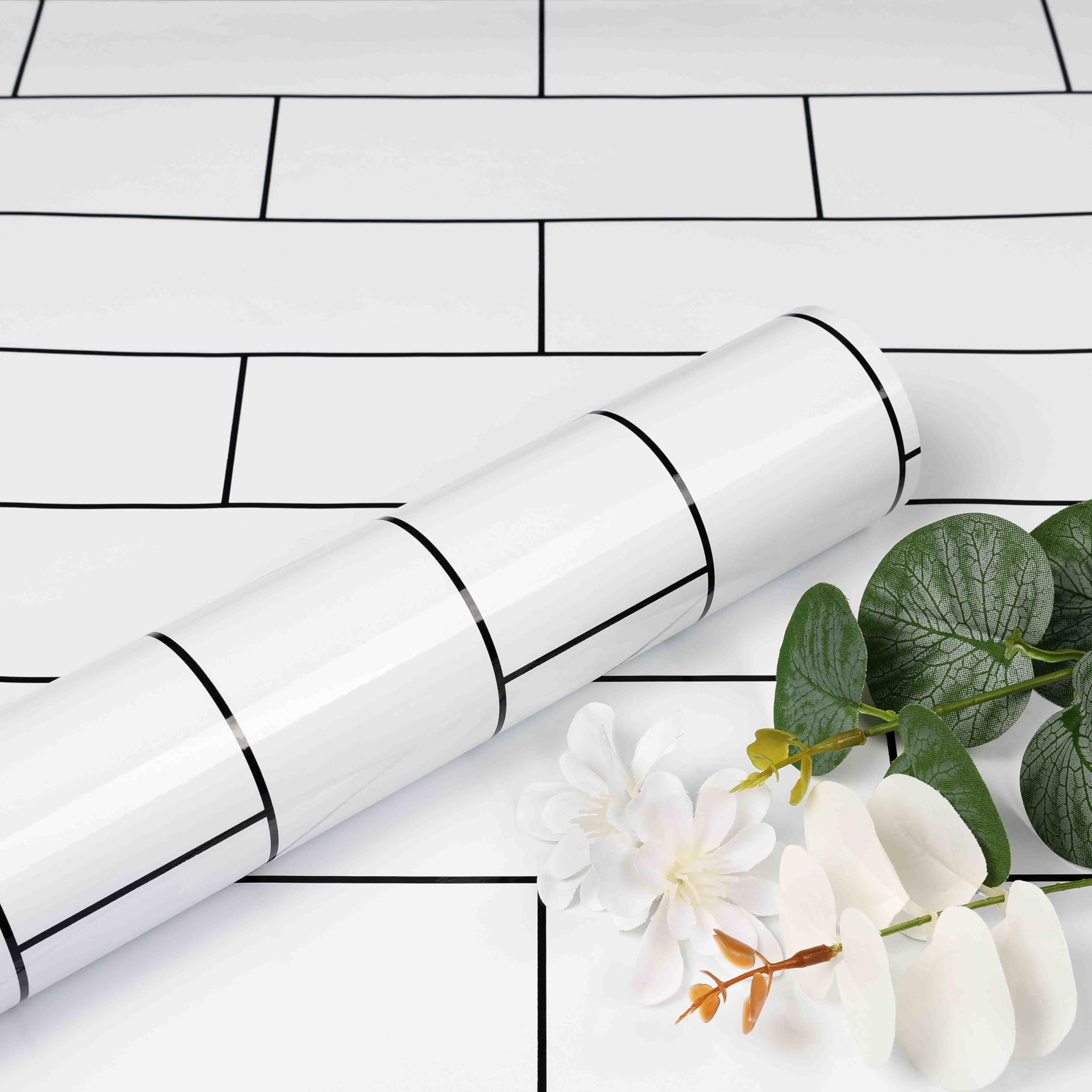 ReWallpaper Glossy White Subway Tile Wallpaper Self Adhesive 40CMx7M Vinyl Wrap for Table Top Furniture Bathroom Wallpaper White Decorative Stickers for Wall Paper Roll Pattern Tile Effect
