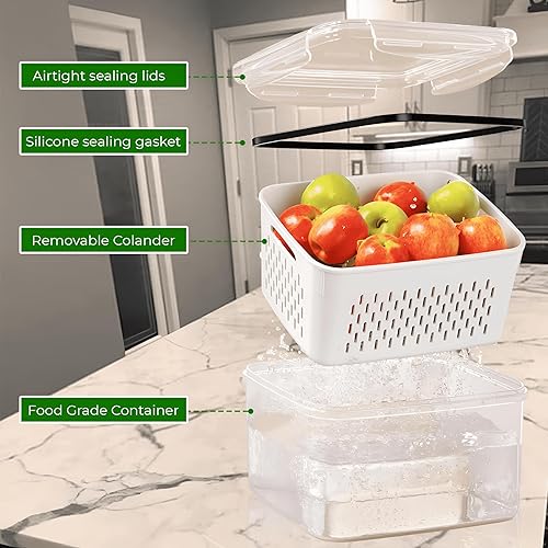 Miniatura 6 de Contenedores de almacenamiento de frutas de 4 piezas para refrigerador, colador extraíble y a prueba de fugas, aptos para lavavajillas y microondas,