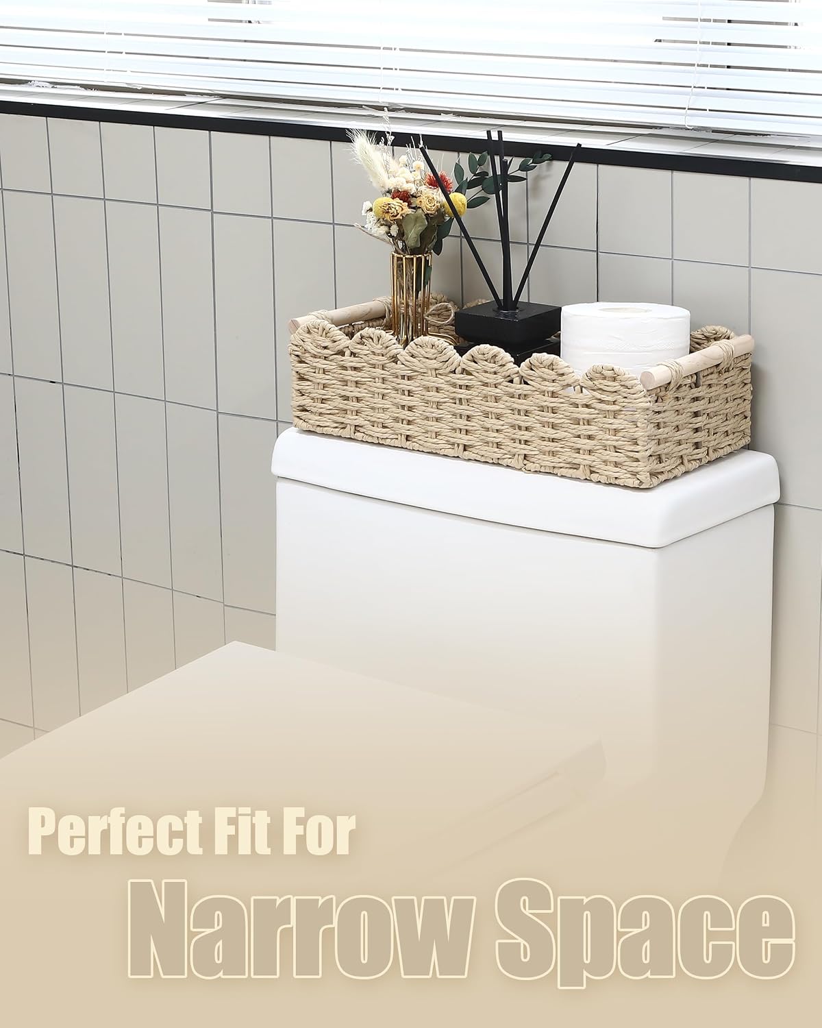 Sea Team Scalloped Edge Paper Rope Woven Storage Basket with Wooden Handles, Toilet Paper Organizer, Decorative Bin, Shelf Basket for Over Toilet Storage, End Table, Basin, Countertop, Neutral Beige