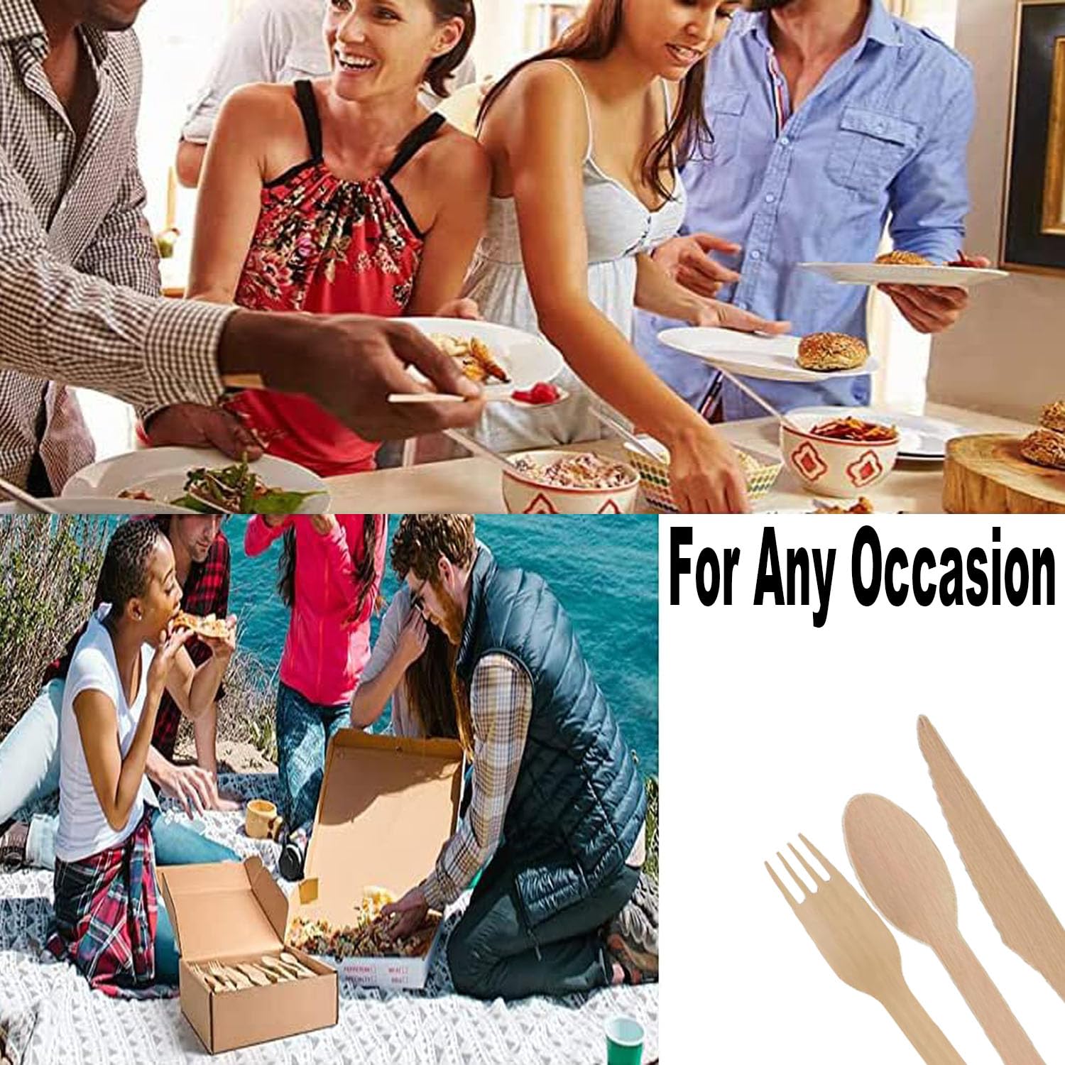 MATANA 200 Couverts En Bois Biodégradables Jetables (50 Cuillères 50 Fourchettes 50 Cuillères à