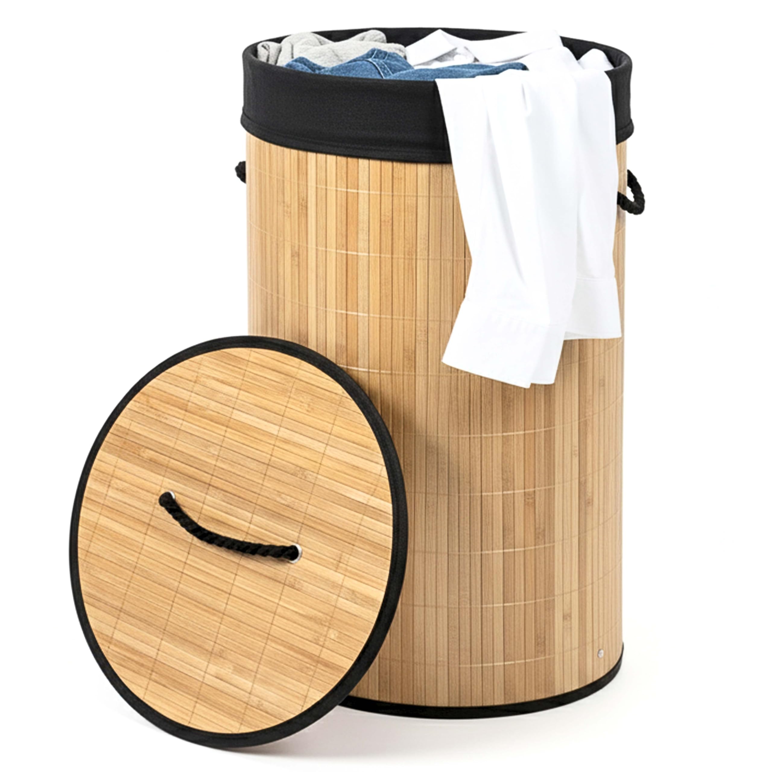 ADEPTNA Large Collapsible Bamboo Laundry Basket with Lid – Sturdy & Foldable Washing Hamper Bin with Removable Liner & Strong Handles – Spacious Yet Space-Saving Storage Solution (ROUND BASKET)