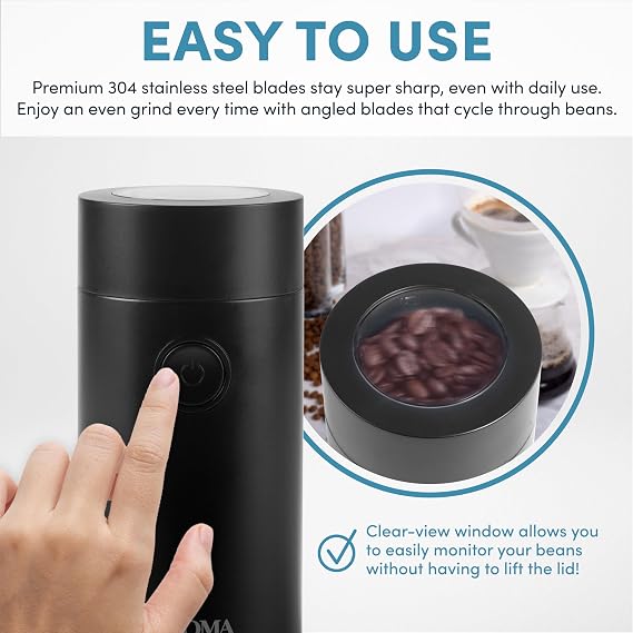 Aroma Housewares Mini Coffee Grinder and Electric Herb Grinder with 304 Stainless Steel Grinding Blades and a Premium Clear Lid (40 g.), Black