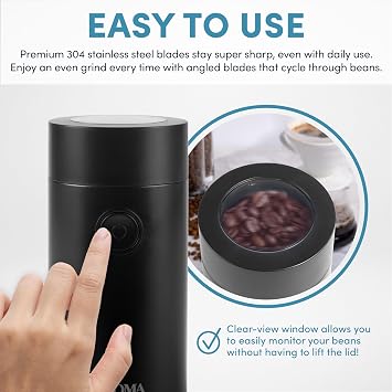 Aroma Housewares Mini Coffee Grinder and Electric Herb Grinder with 304 Stainless Steel Grinding Blades and a Premium Clear Lid (40 g.), Black