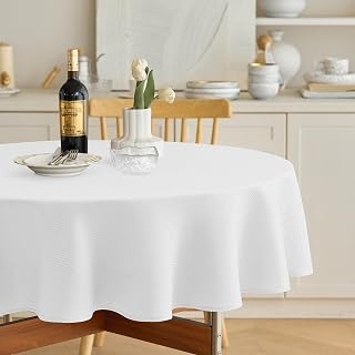 Decorelia Fabric Round Tablecloths 48 inch, Waterproof Decorative Washable Texture Rustic Circle Table Cloth Cover for Dining Kitchen Party Farmhouse Outdoor(Round (2-4 Seats), White)