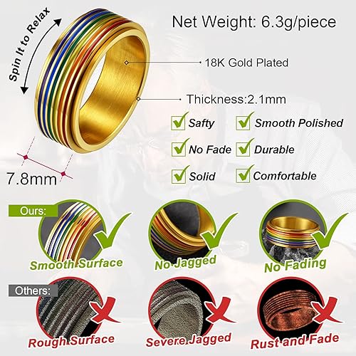 Miniatura 5 de FaithHeart LGBT - Anillos para ansiedad con diseño de arcoíris, acero inoxidableoro de 18 quilates chapado en oro de 18 quilates, joyería