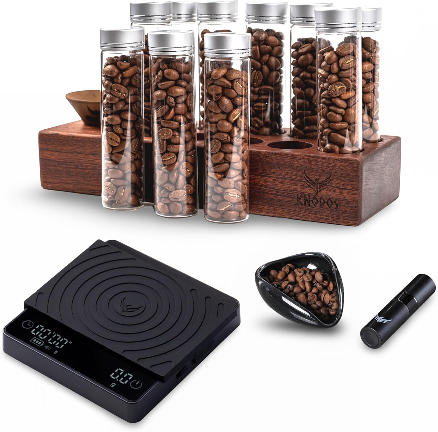 Espresso Accessories Set – 10 Single Dose Bean Storage Tubes with Stand & Funnel, Ceramic Dosing Cup with RDT Spray, Smart Digital Espresso Scale with Timer