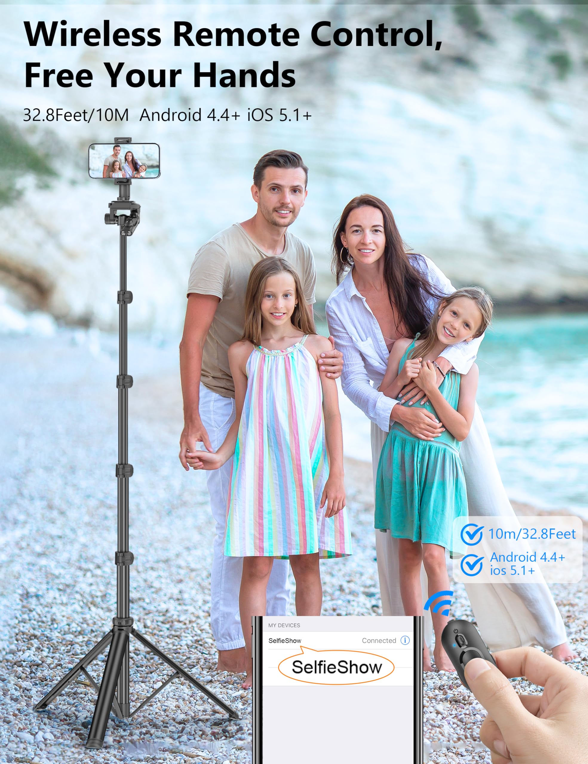 Statyw na telefon komórkowy 180 cm, wysuwane statywy aluminiowe z odłączanym pilotem, stabilny statyw do selfie i aparatu fotograficznego kompatybilny z iphone'em/Androidem/aparatem fotograficznym
