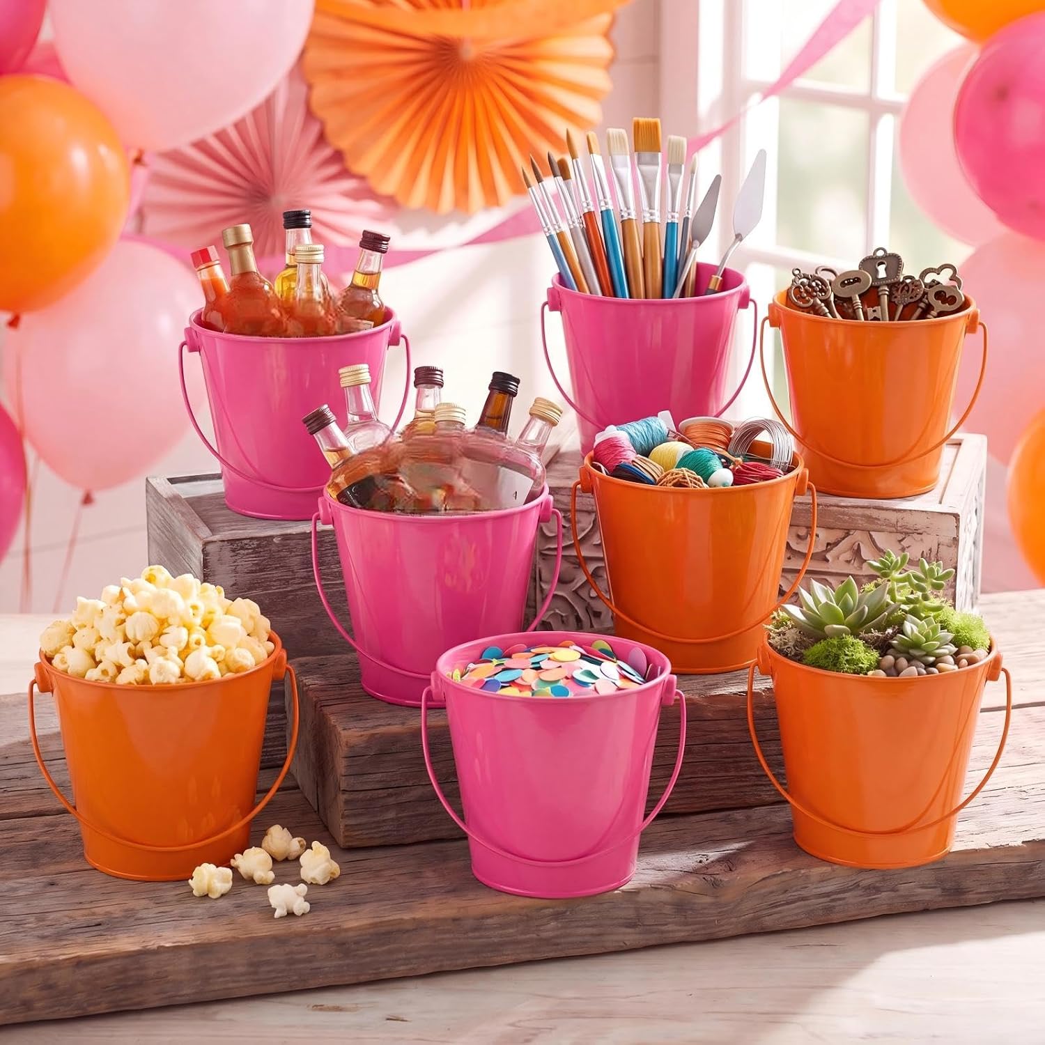 8 Pcs Pink and Orange Small Metal Buckets with Handle 3.1 x 4.72 Inch Orange and Hot Pink Galvanized Mini Metal Buckets for Summer Sunset Party Favors, Plants, Pencil Storage and Home Decor