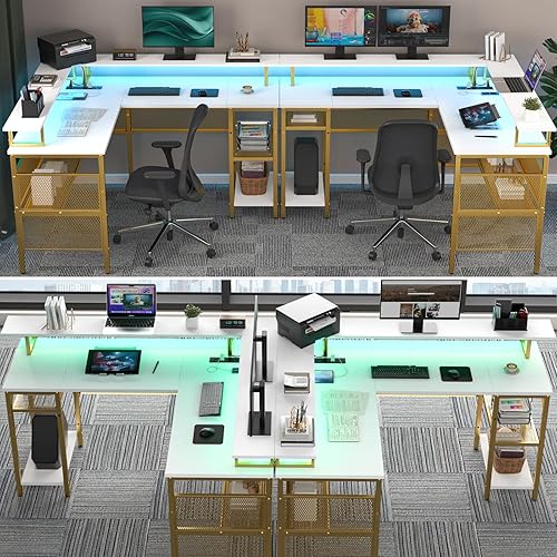 Miniatura 5 de Unikito Escritorio reversible en forma de L, escritorio esquinero fresco con luz LED inteligente y toma de corriente, mesa de juegos resistente con