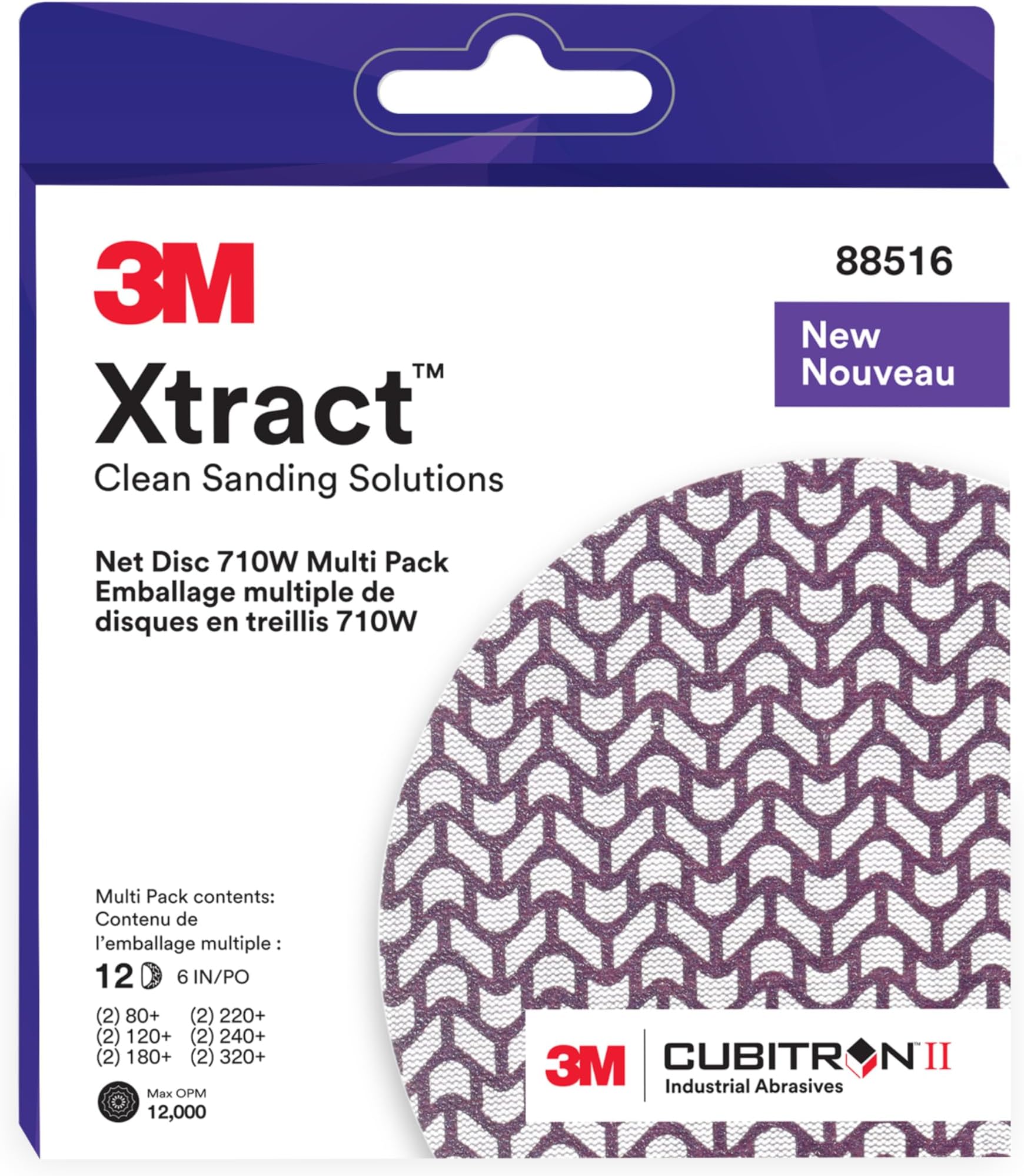Cubitron 3M Xtract II Net Disc 710W, 6 in, 12 Piece Multi-Pack Hook and Loop Sanding Discs, 80+, 120+, 180+, 220+, 240+, 320+, Virtually Dust-Free, Assorted Grades, 88516