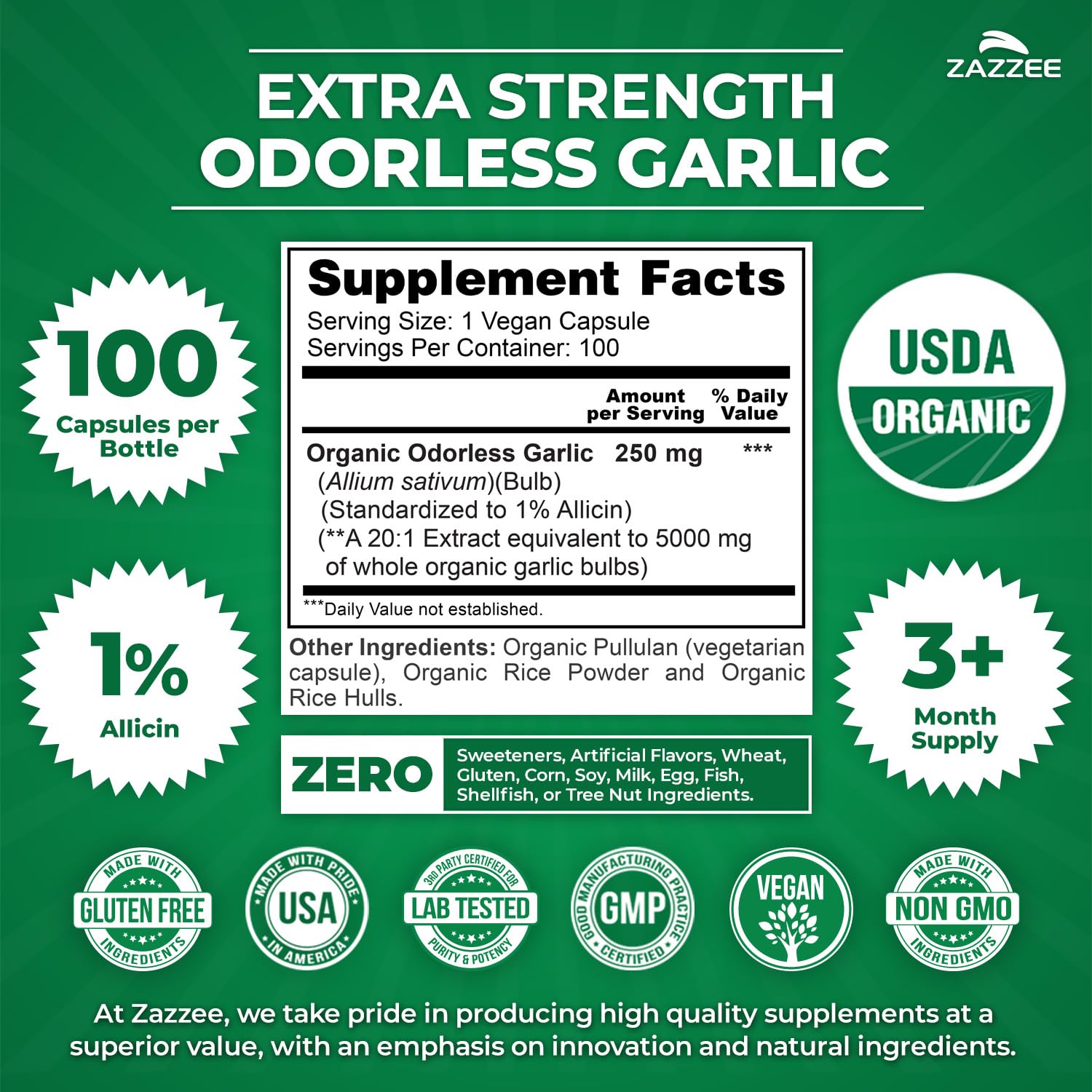 Zazzee USDA Organic Odorless Garlic 20:1 Extract, 1% Allicin, 100 Capsules — Amazon image 3