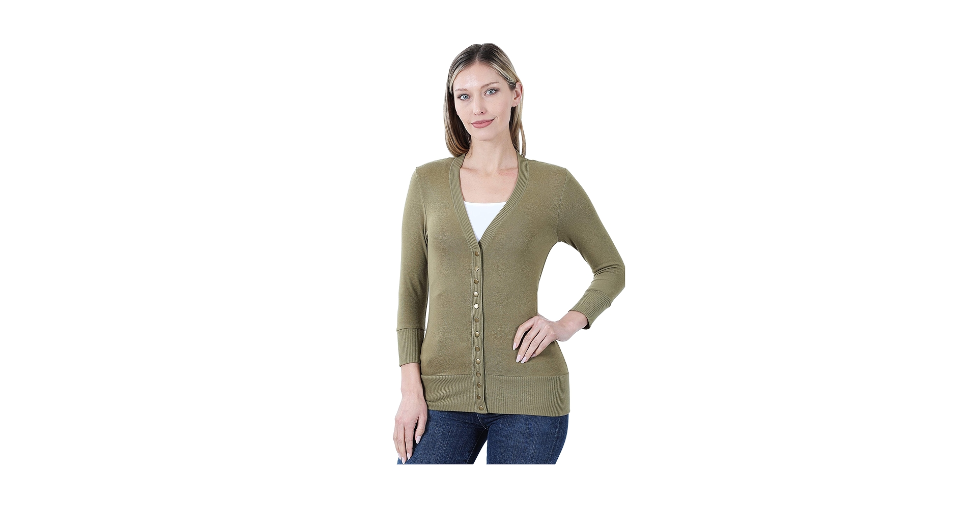 Zenana SNAP Button Sweater Cardigan 3/4 Sleeve Khaki-S at