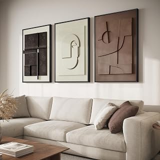 Cuspin 3-Piece Framed 3D Textured Abstract Wall Art, Brown White Geometric Sandstone 30x60 Inch Modern Decor for Living Room Bedroom Office