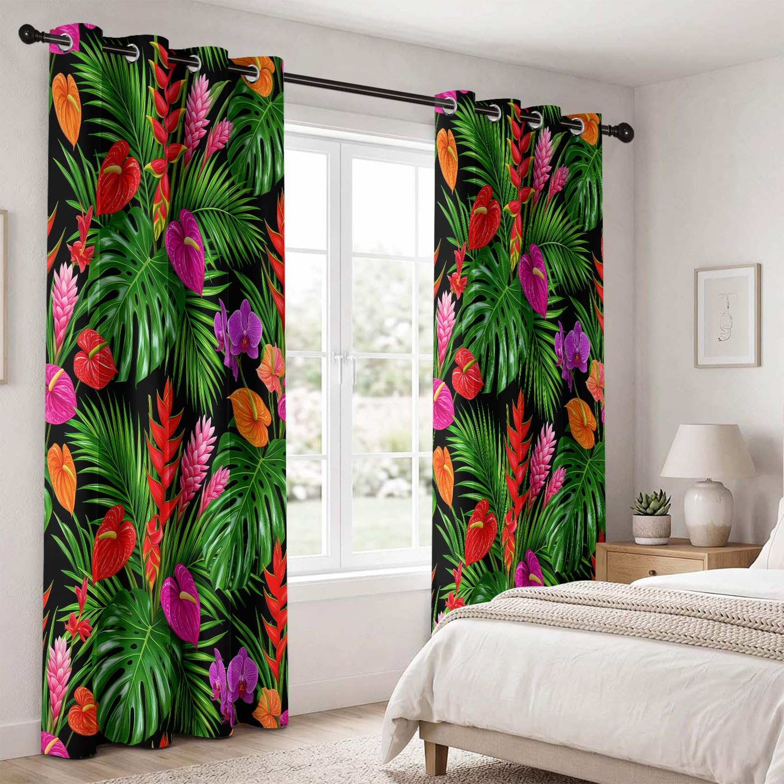 Grün Natürlich Tropischer Stil Vorhänge, Pflanzen Monstera Blumen Anthurien Orchideen Wärmeisolierte Raumverdunkelnde Vorhänge, Energieeffiziente Vorhang für Wohnzimmer Schlafzimmer, H245 x B100 cm
