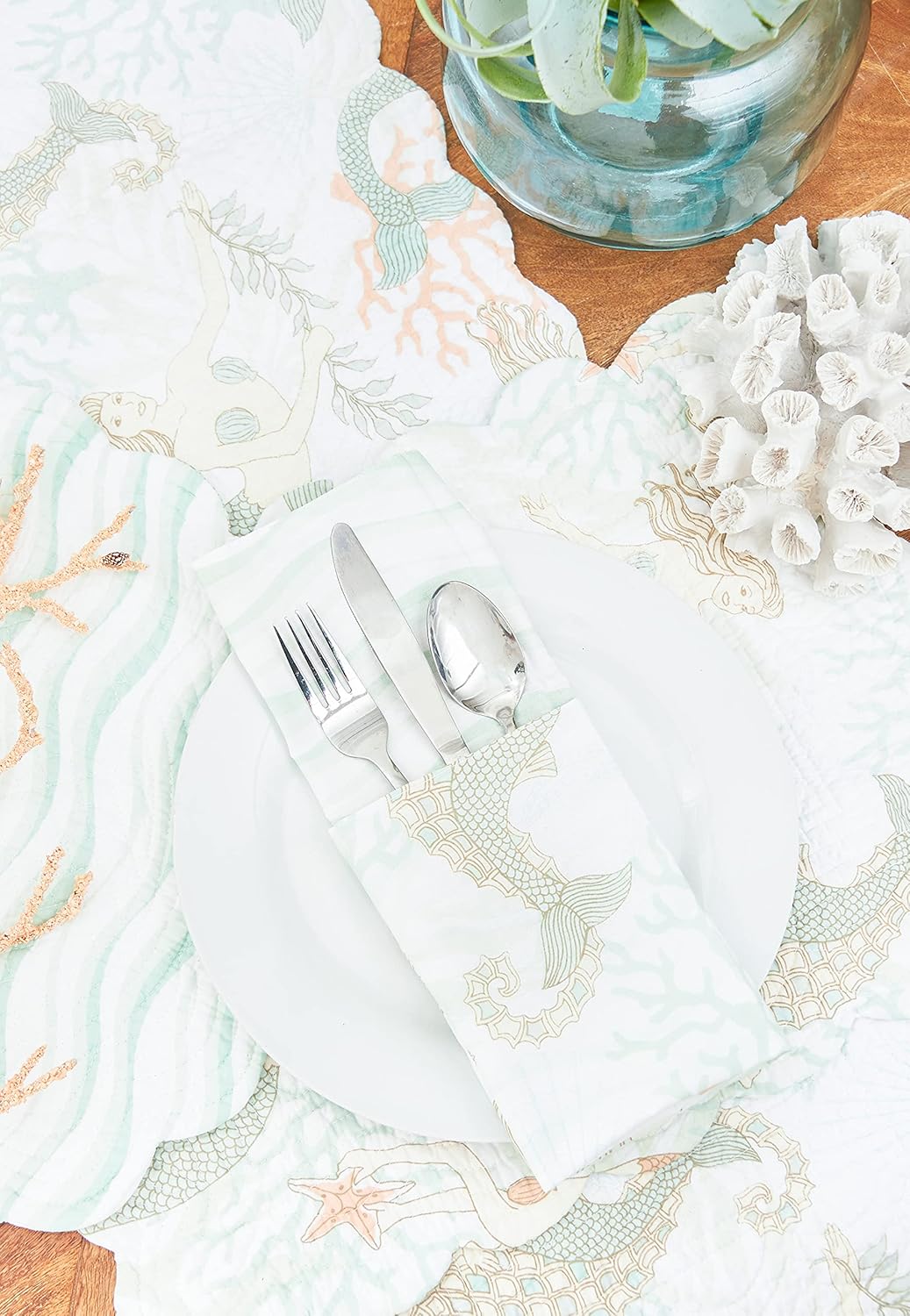 C&F Home Mystic Echoes Rectangle Single Placemat Cotton Quilted Coastal Beach Reversible Machine Washable Table Top Table Linens 13" x 19" Green Pink