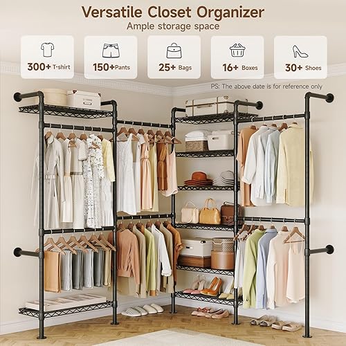 Miniatura 9 de ONBRILL L4 - Perchero industrial de tubería para montar en la pared, sistema organizador de armario con 6 barras de ropa colgantes (4 varillas