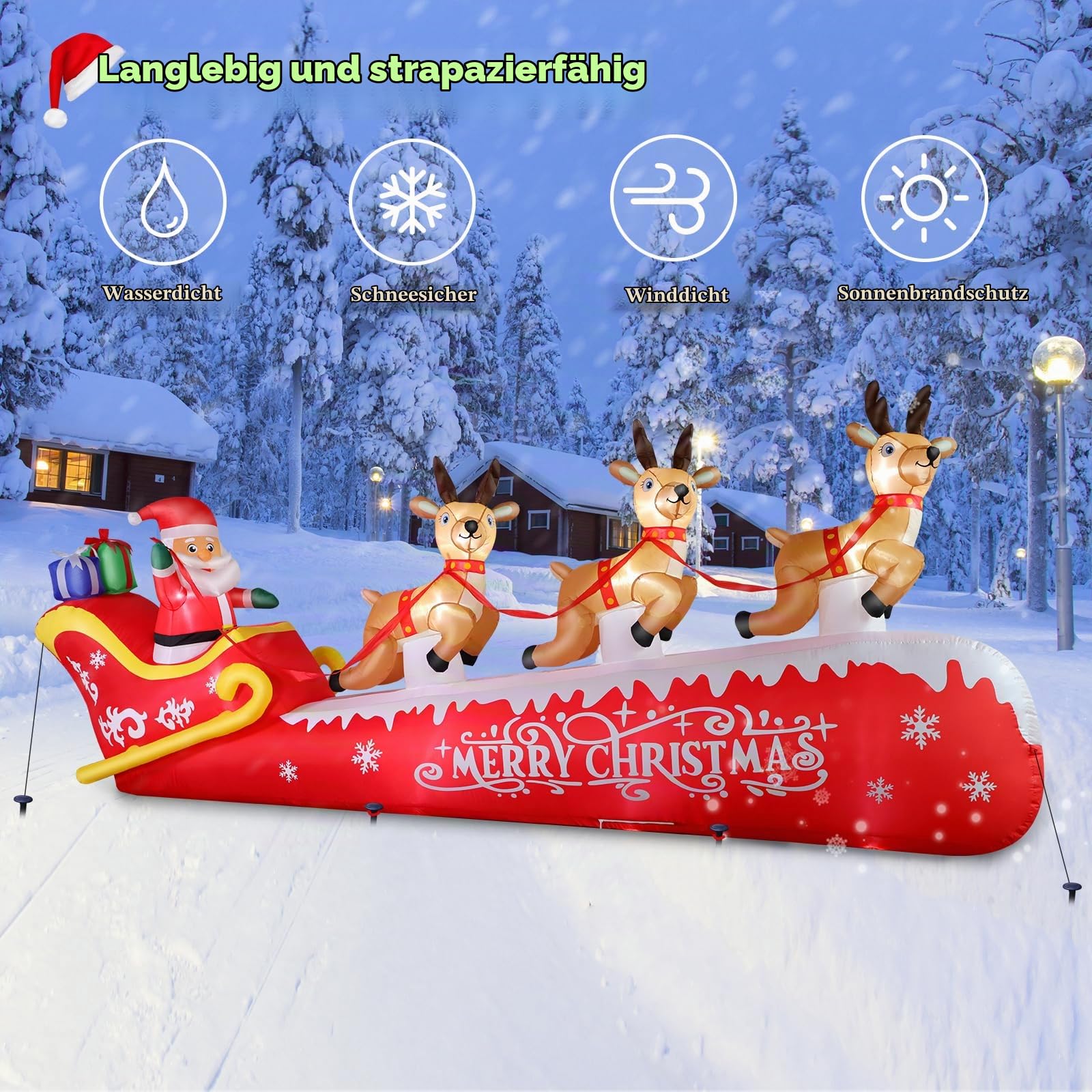 360 cm/12 Fuß aufblasbare Weihnachtsdekoration, drei Rentiere ziehen den Schlitten des Weihnachtsmanns, IP44 wasserdicht, schnelle Aufblaszeit von 1 Minute, geeignet für Gärten/Stadtplätze usw